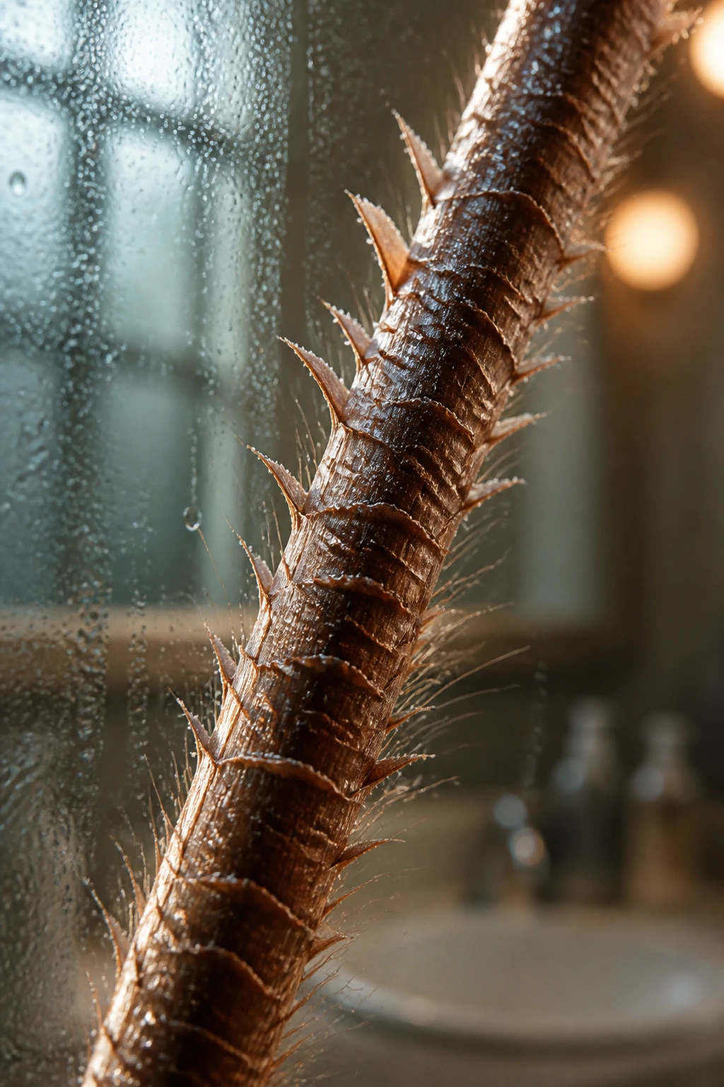 Macro close-up of frizzy hair with lifted cuticles in a steamy bathroom