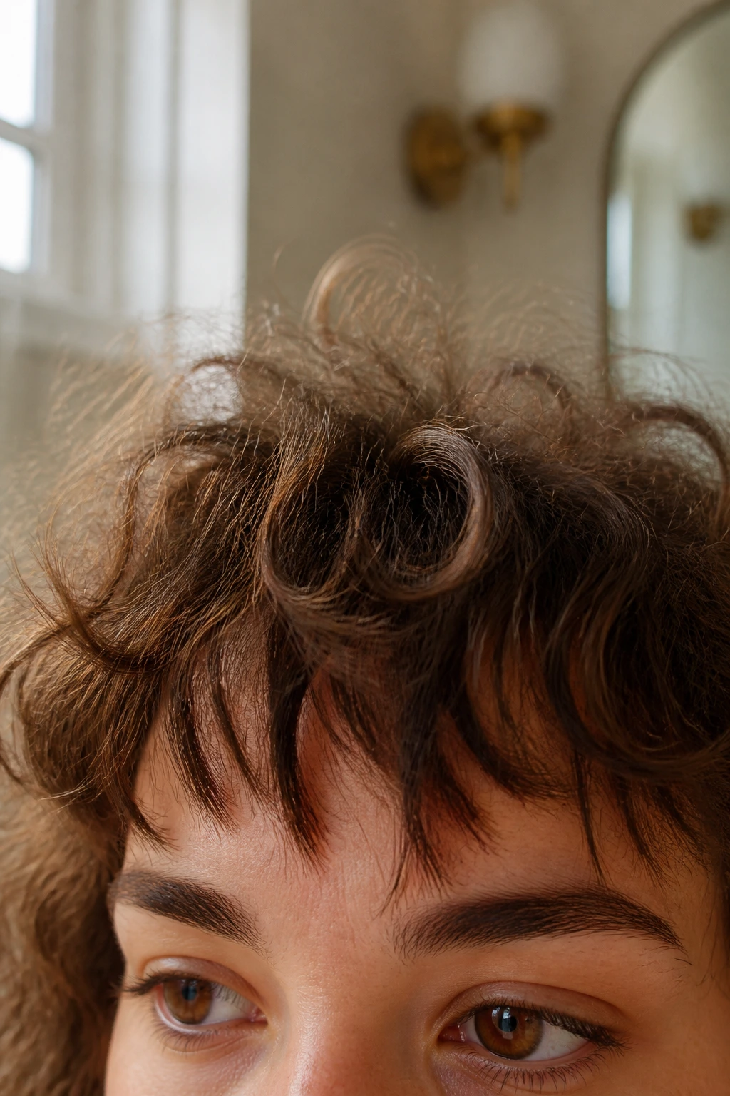 Close-up of frizzy bangs with a choppy cut on a real person.