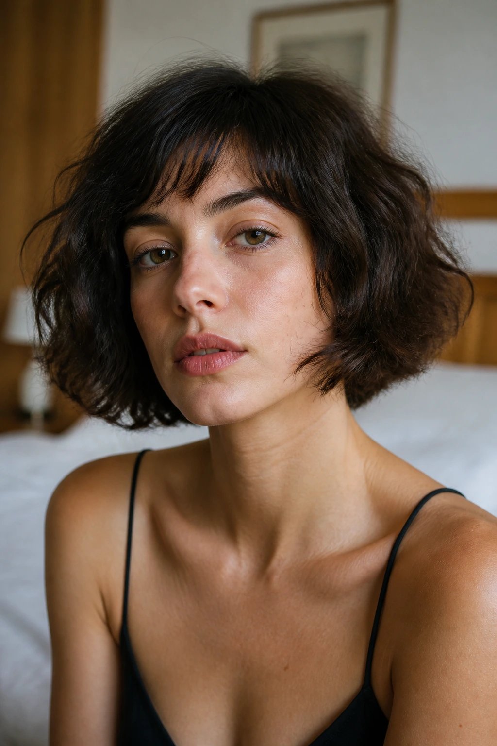 Close-up of a real woman's face with a natural frizzy French bob, air-dried and product-free