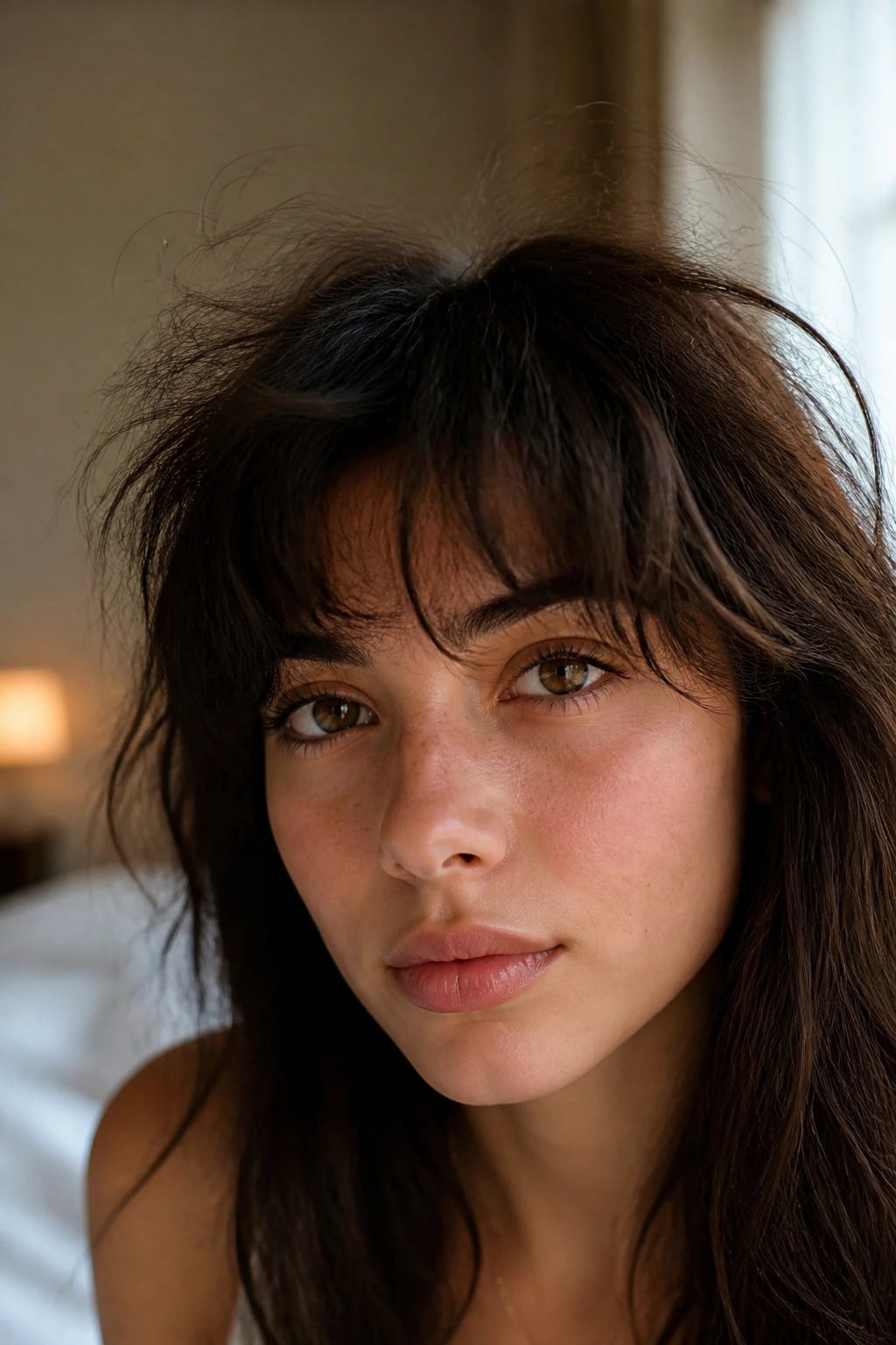 Close-up of frizzy fringes on a real person in natural window light.