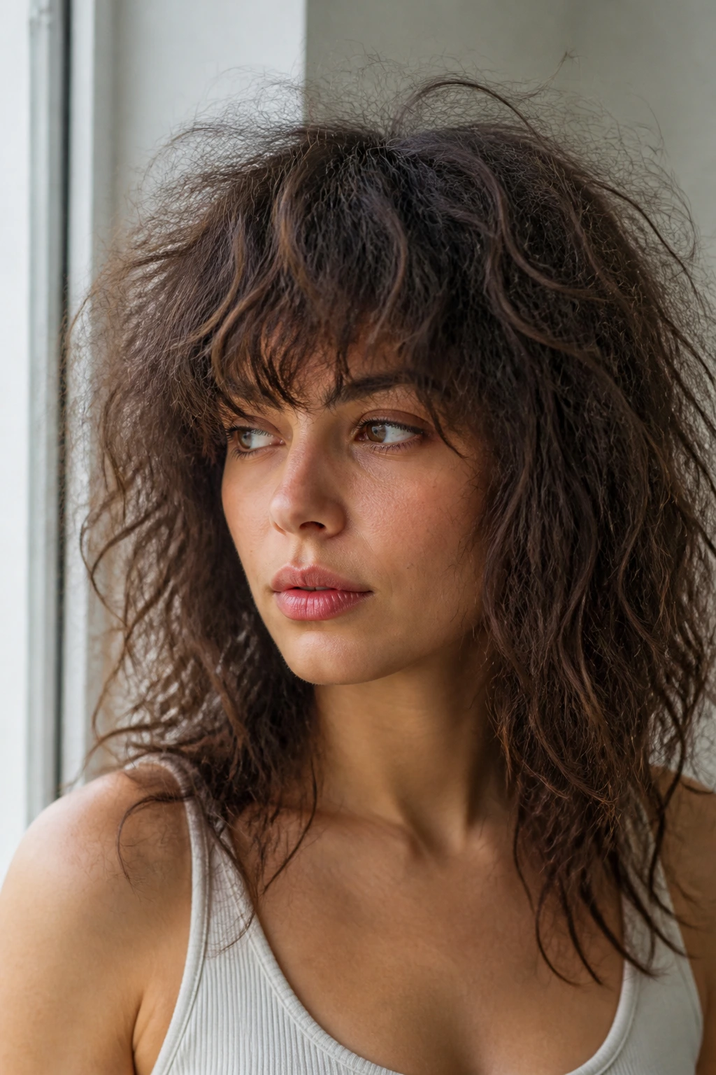 Close-up of a real woman's frizzy hair swelling in humidity