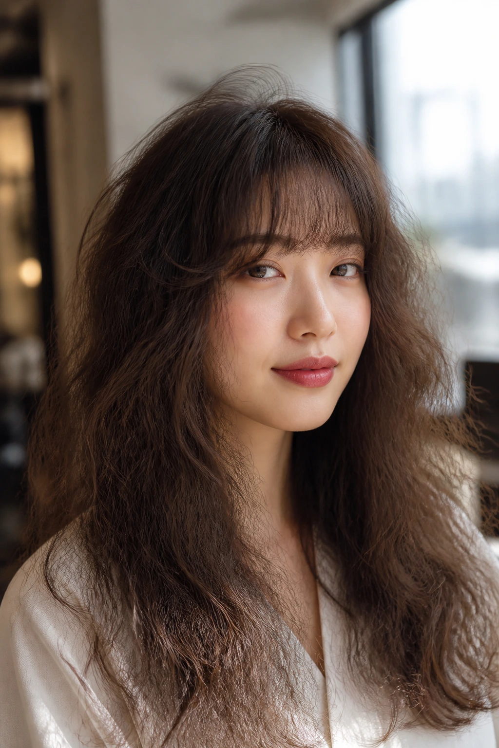Close-up of frizzy hair with Korean bangs on a real person in a salon