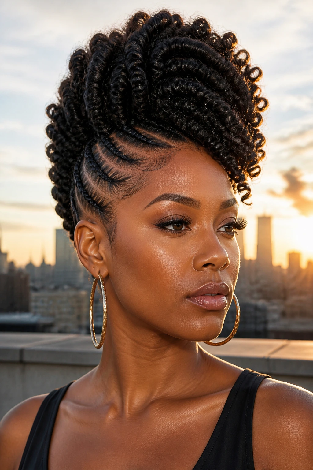 Close-up of a fro-hawk braided hairstyle on a real woman.