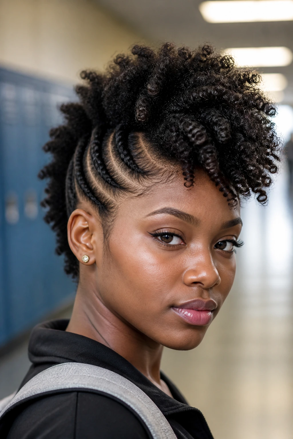 Close-up of a real person with fro-hawk braids in a school hallway.