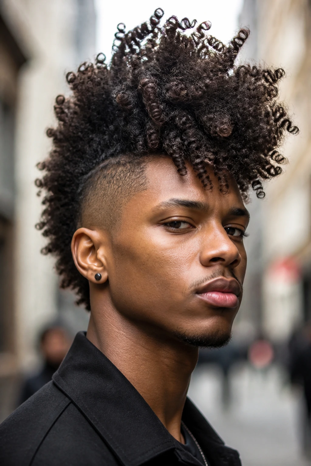Close-up of a real person with a dramatic fro-hawk and tall curl crest in an urban setting