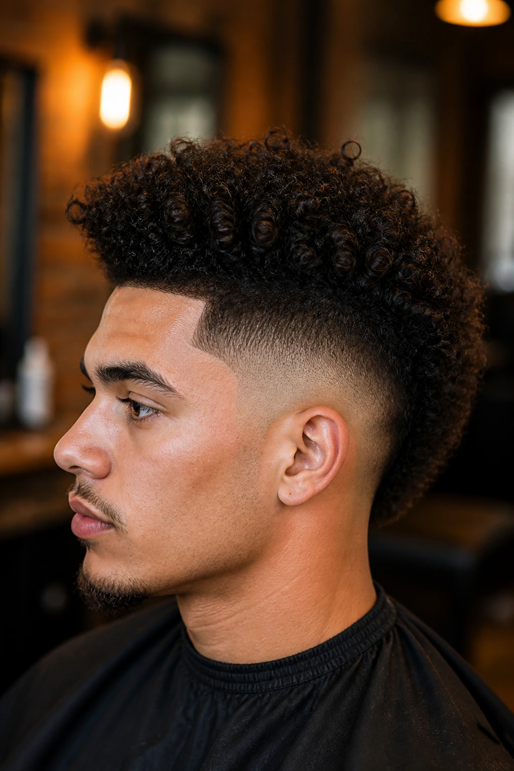 Real person with a tapered fro-hawk: faded sides and central ridge of curls.