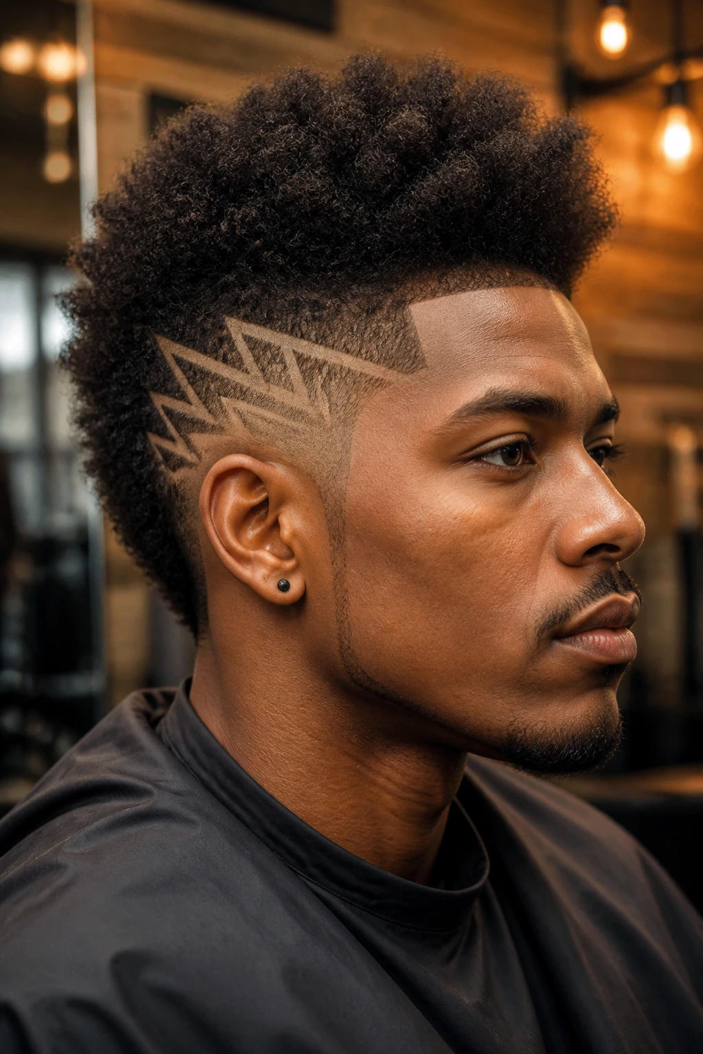 Close-up of fro-hawk with geometric shaved designs on the sides