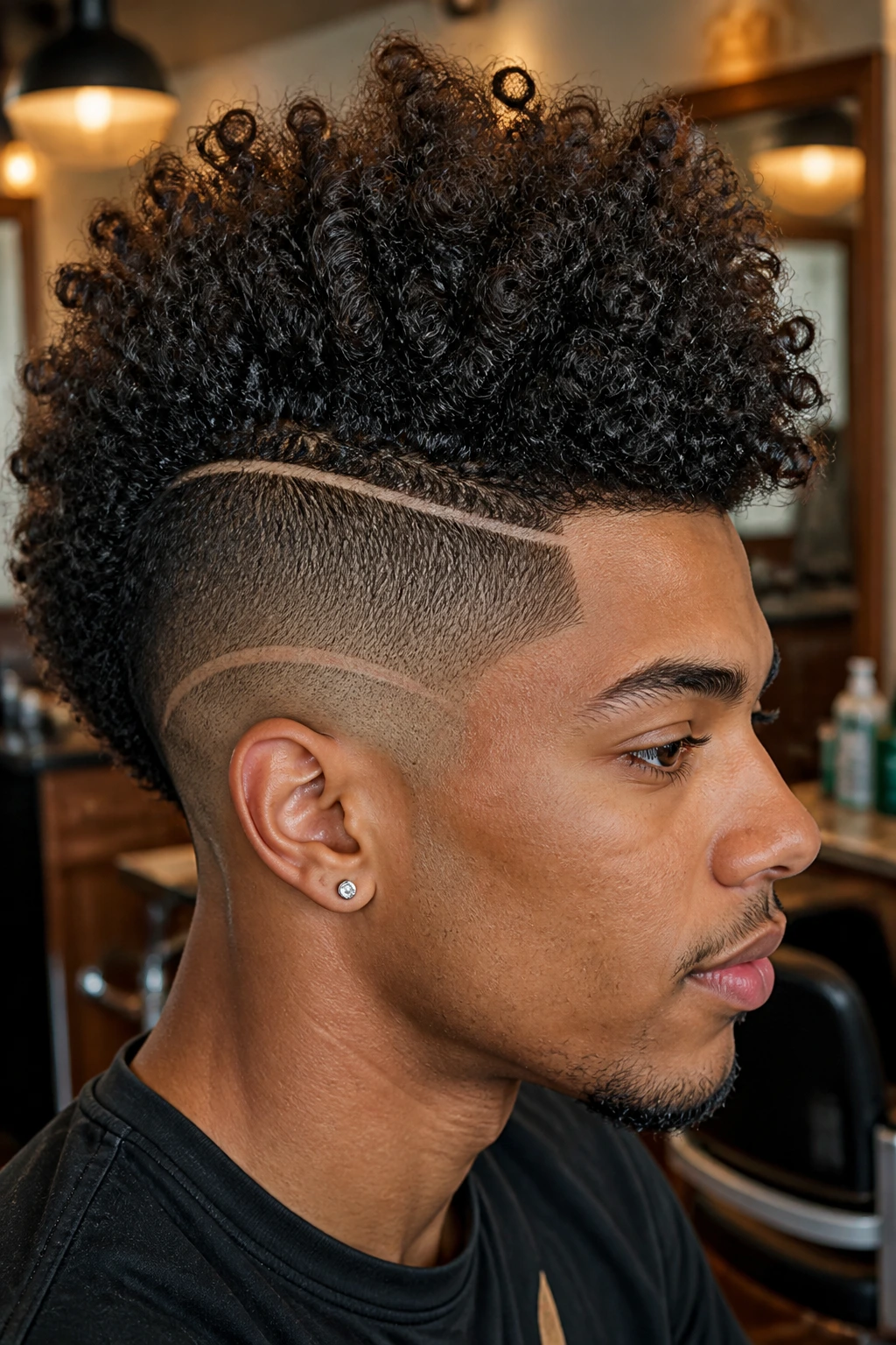 Close-up of real person with shaved lines and fro-hawk in a barber-like setting.