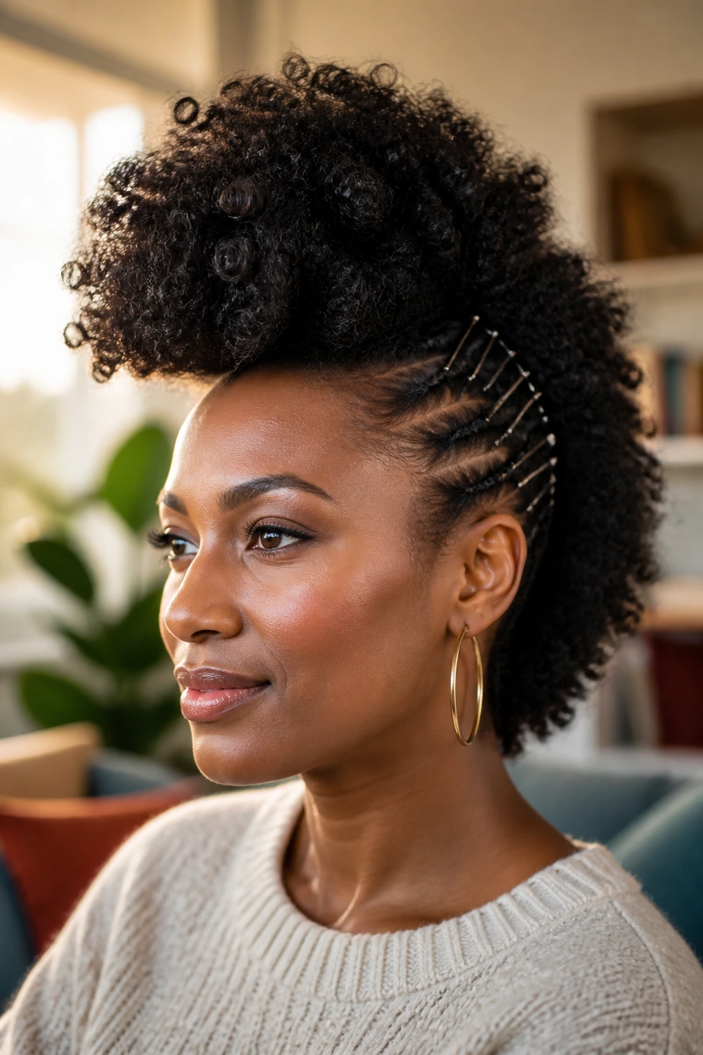 Close-up of a real woman with Fro-Hawk with Pins hairstyle showing pinned sides and voluminous center