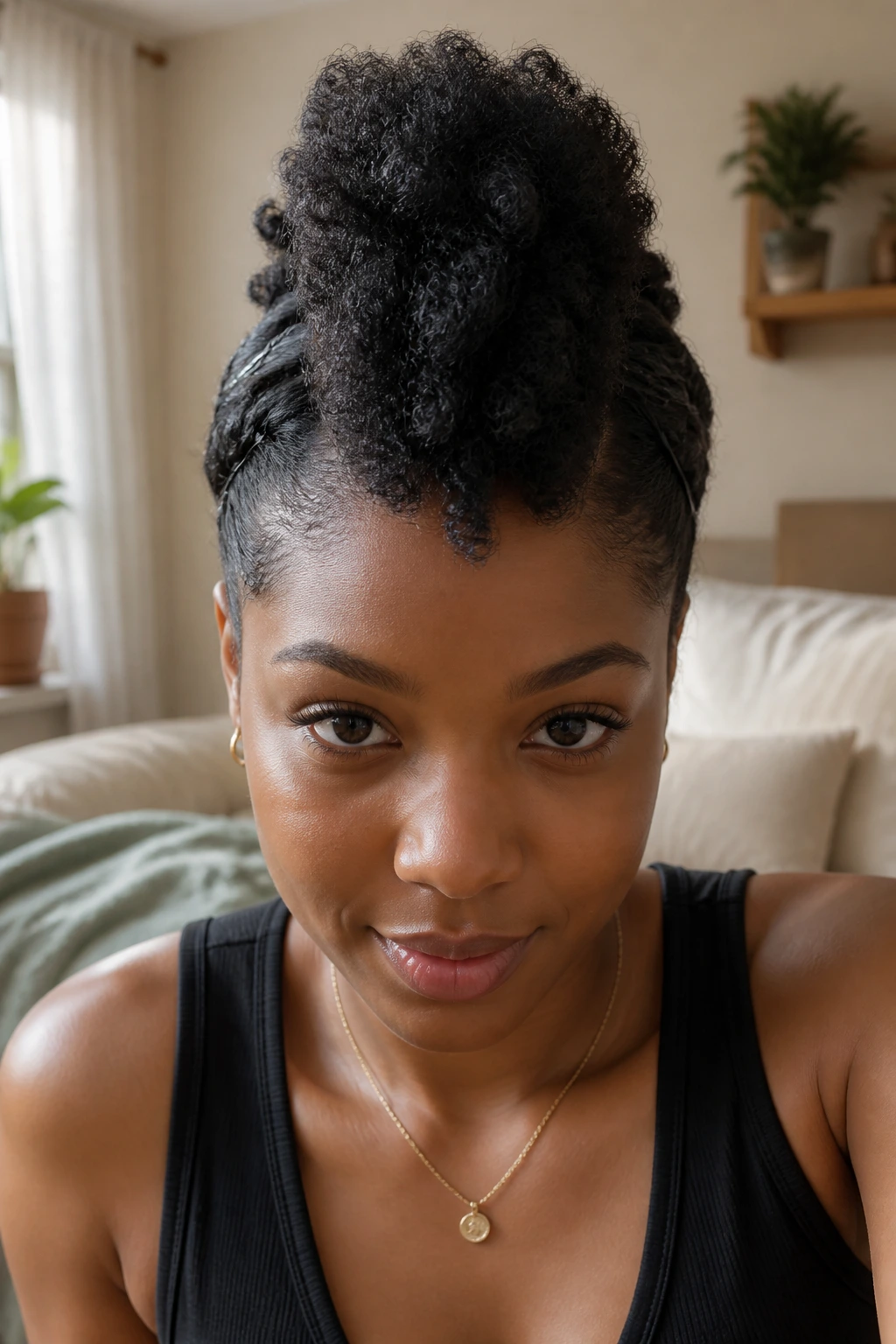 Close-up of a real person with a protective fro-hawk hairstyle