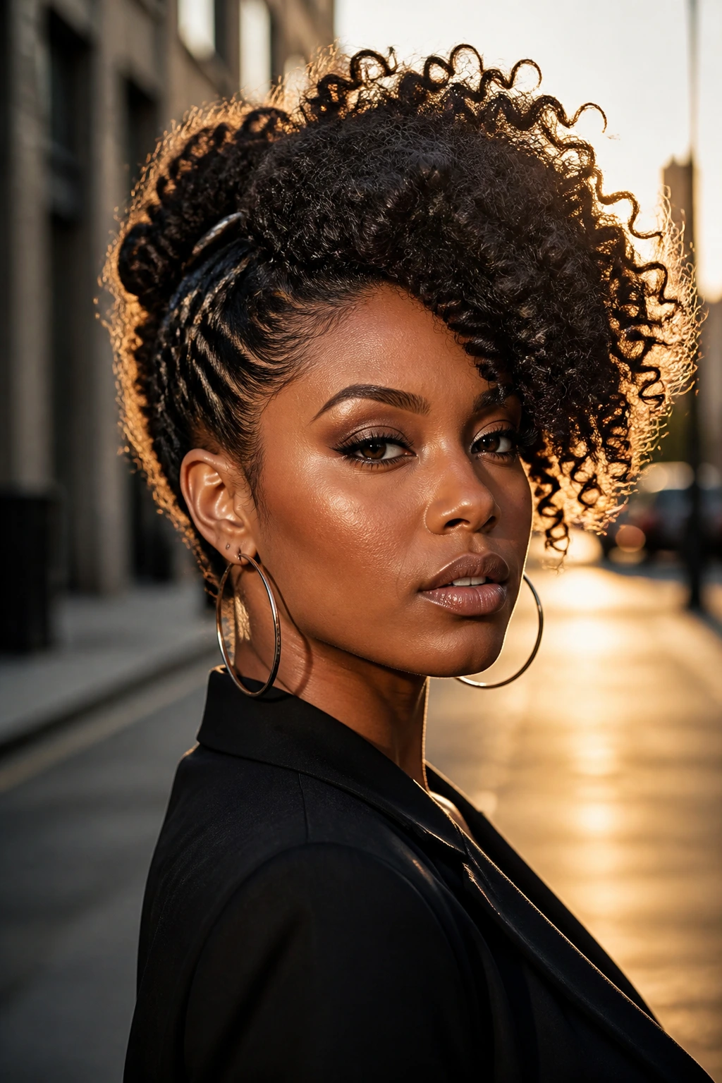Close-up profile of a real woman with sculpted fro-hawk side swept