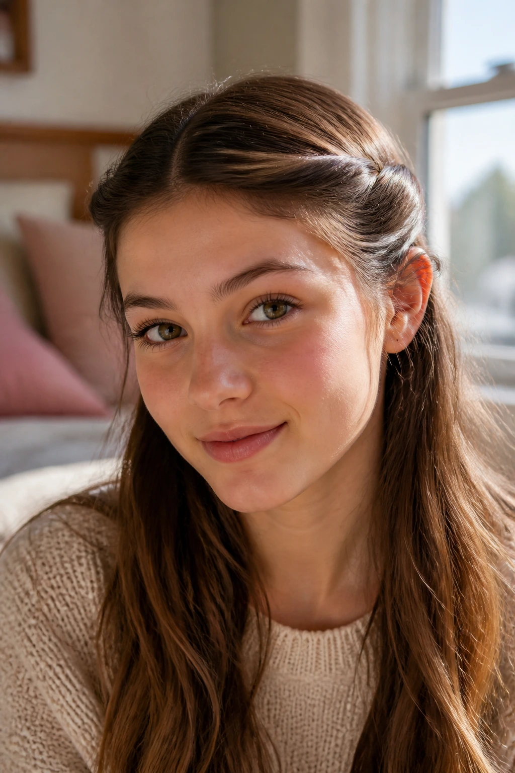 Close-up of front-layer twist hairstyle on a real person in warm morning light