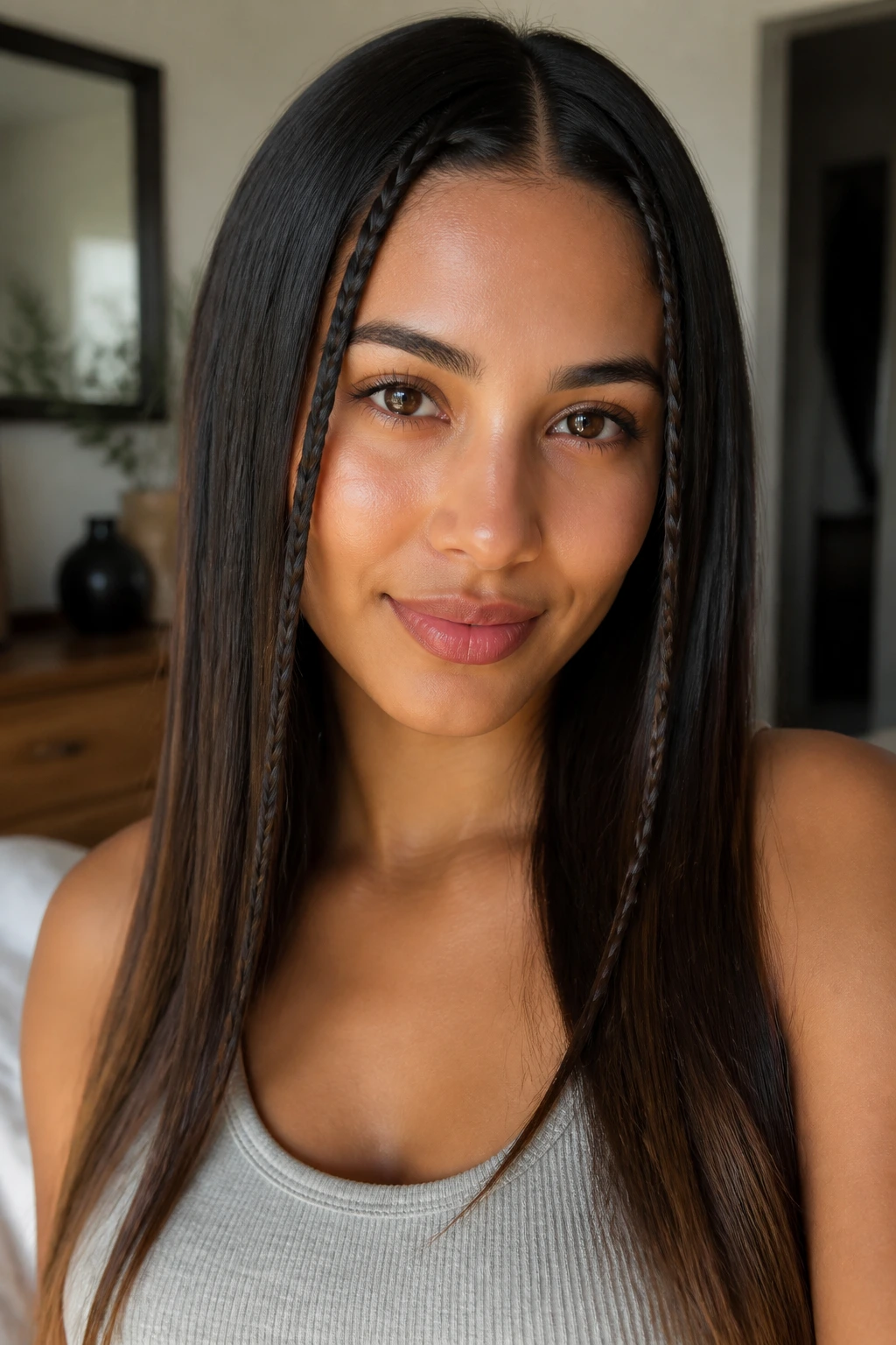 Close-up of a real woman with front micro-braids framing her face on straight hair.