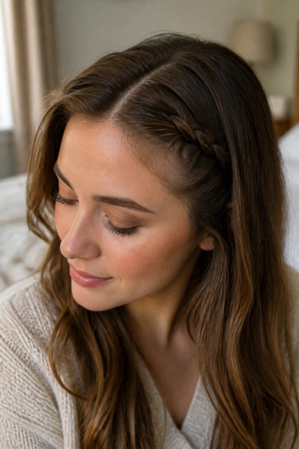 Close-up of a real woman with a front-section braid near the part, hair draped over pin