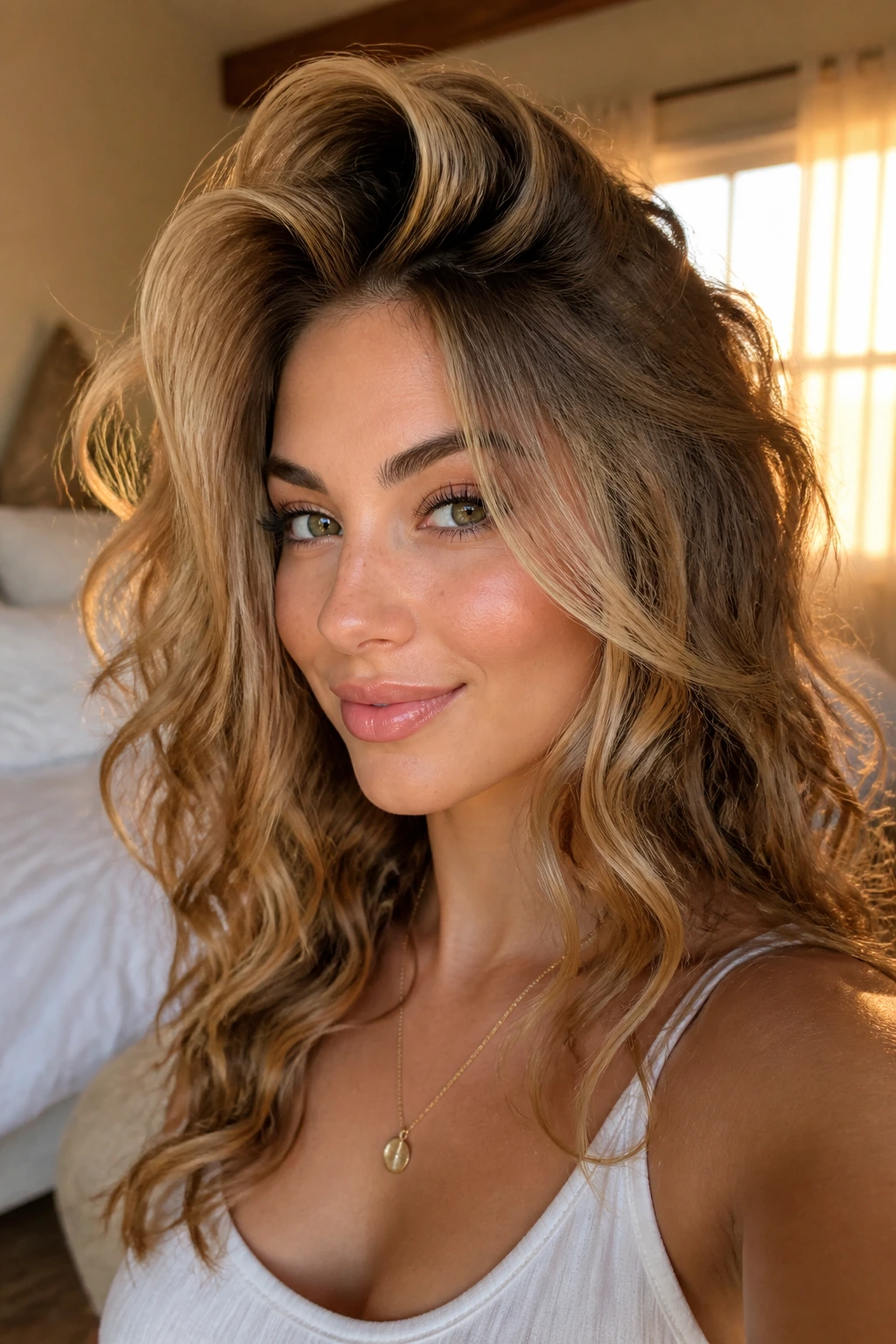 Close-up of a real woman showing front-section volume in natural bedroom light