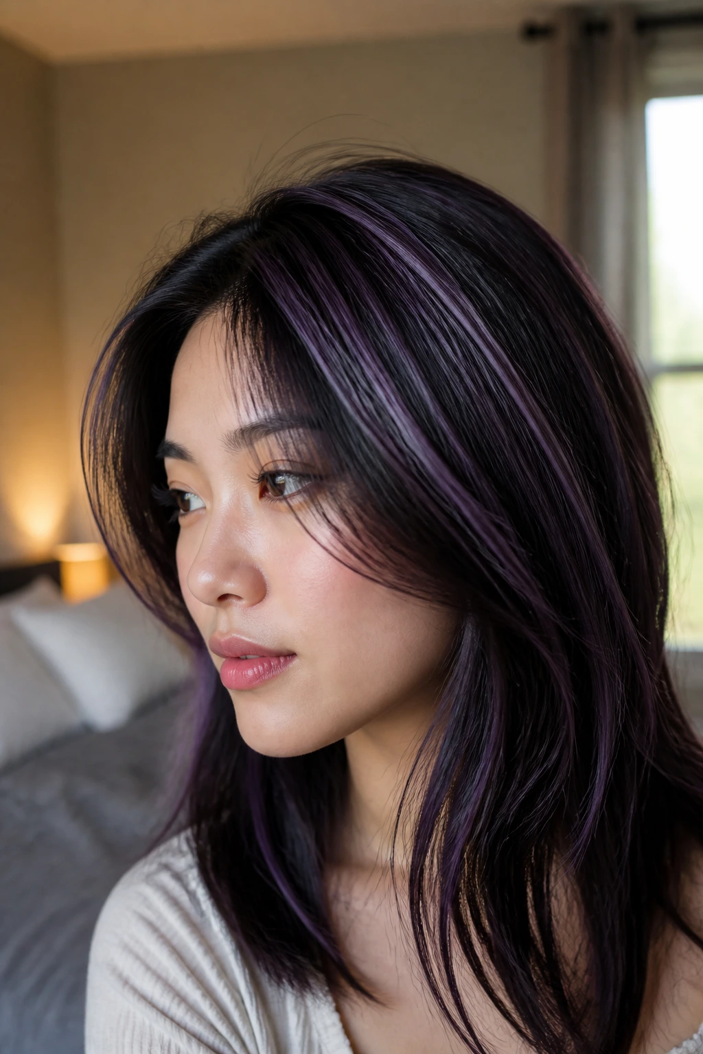 Close-up of a real Asian woman with frosted grape highlights at crown in warm window light
