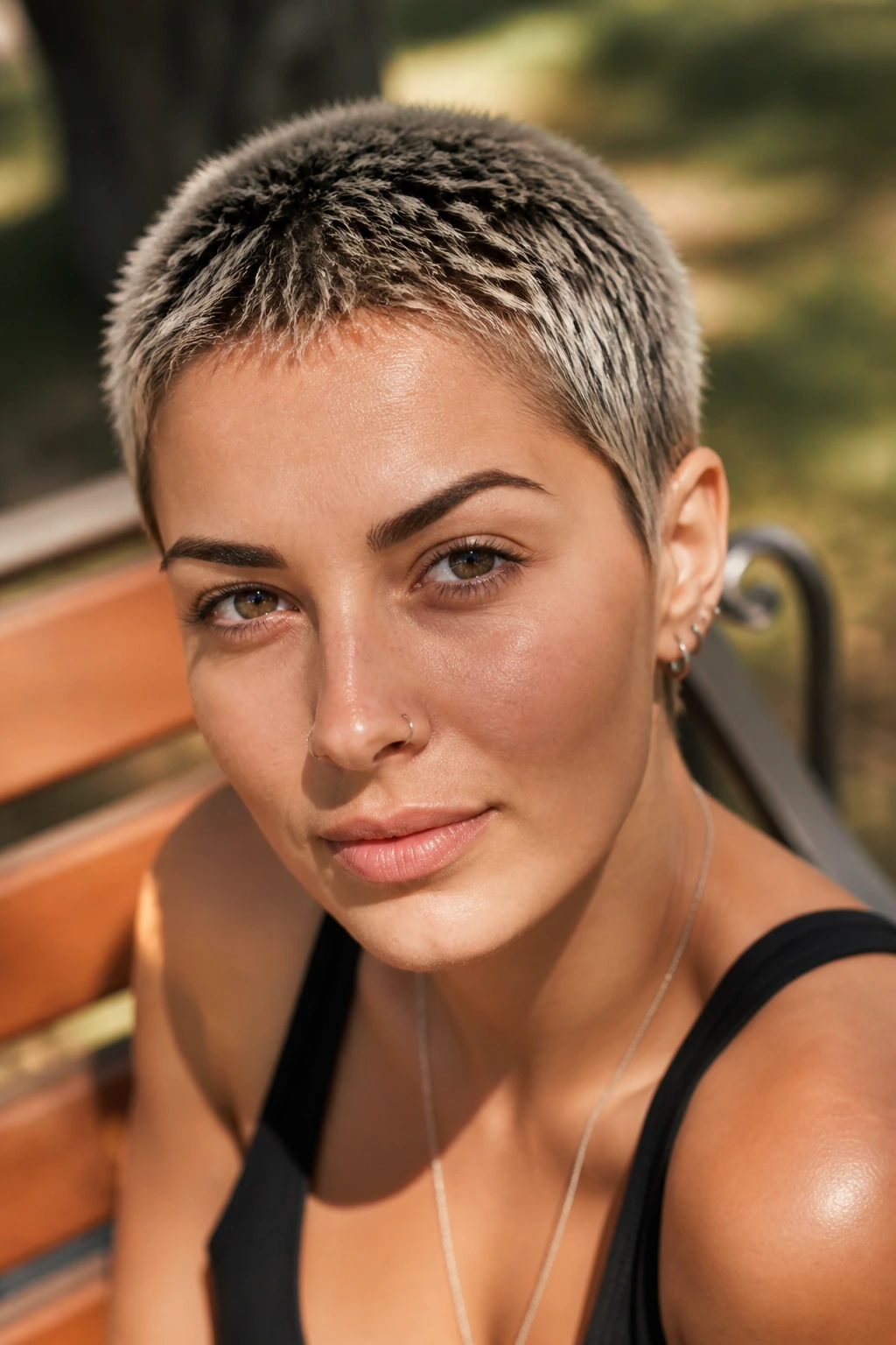 Close-up of head with frosted blonde tips on a short buzz cut, dark roots