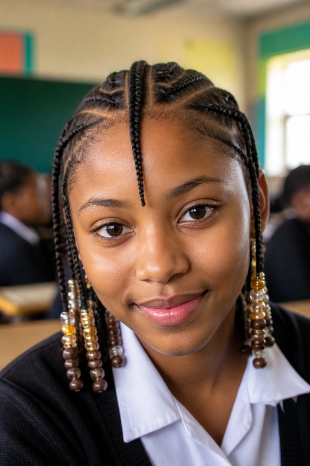 Close-up of a real person with Fulani-inspired braids and beads in a school settings.