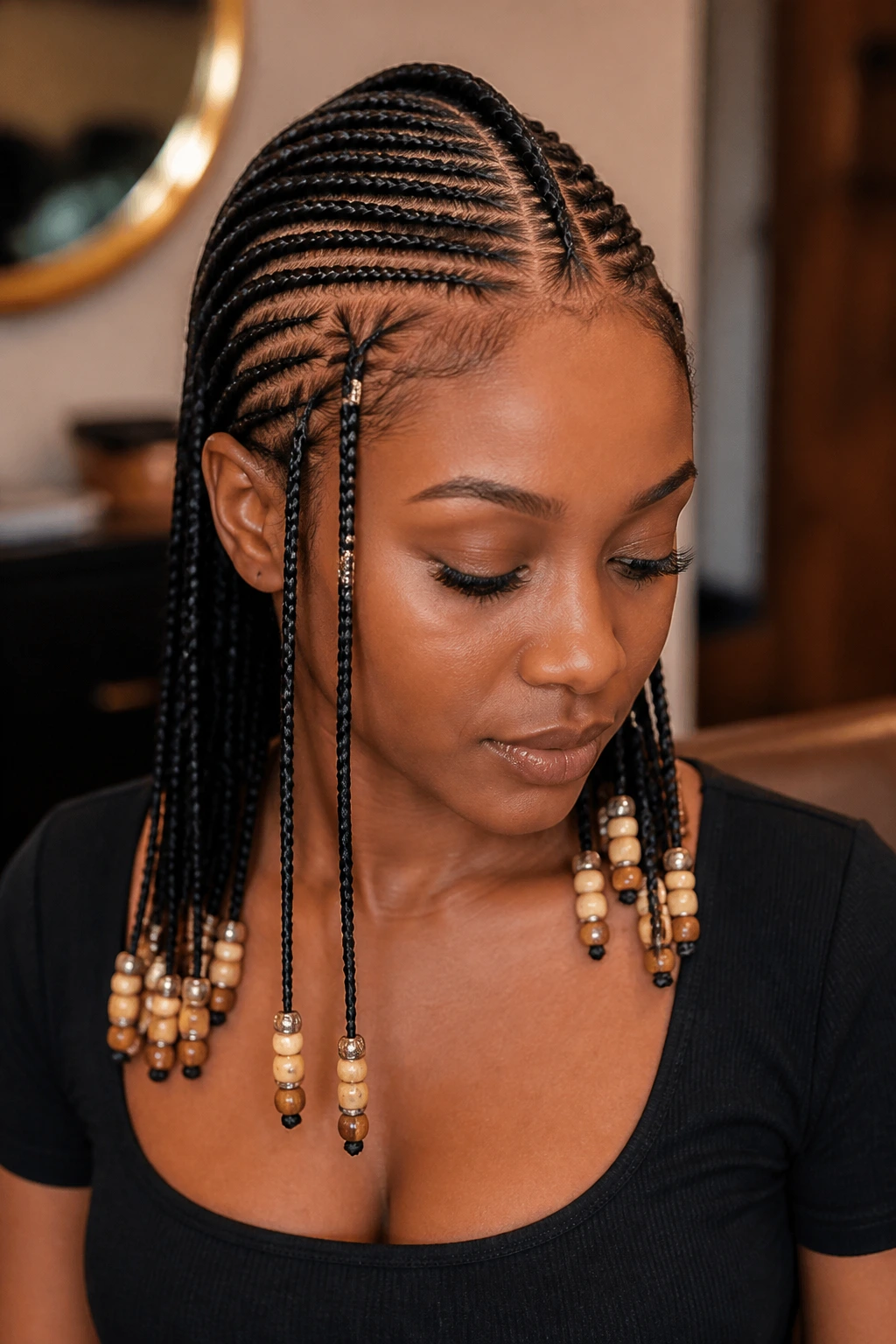 Close-up portrait of a real person with Fulani braids and beads.