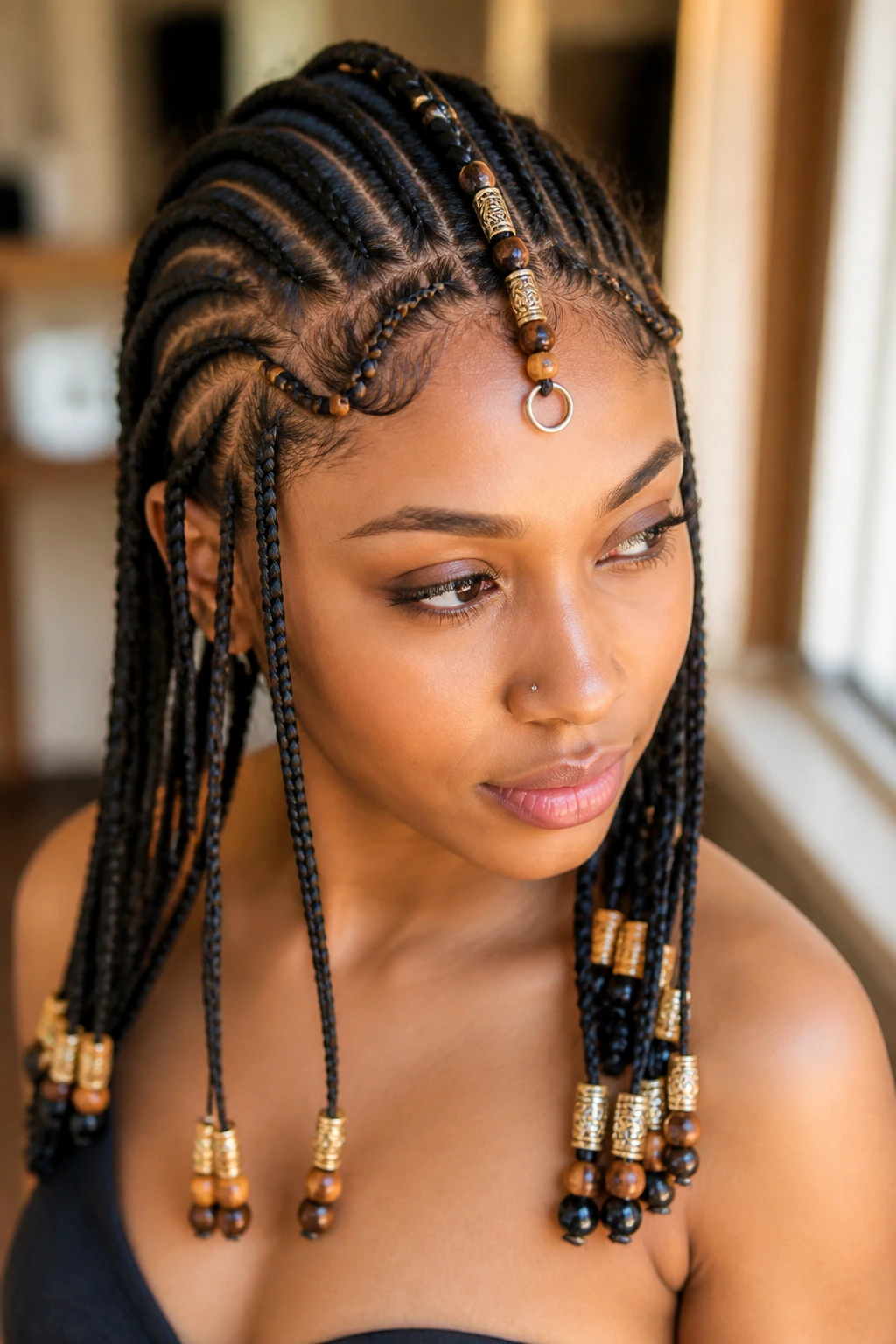 Fulani braids with center-part and beads on real person's head