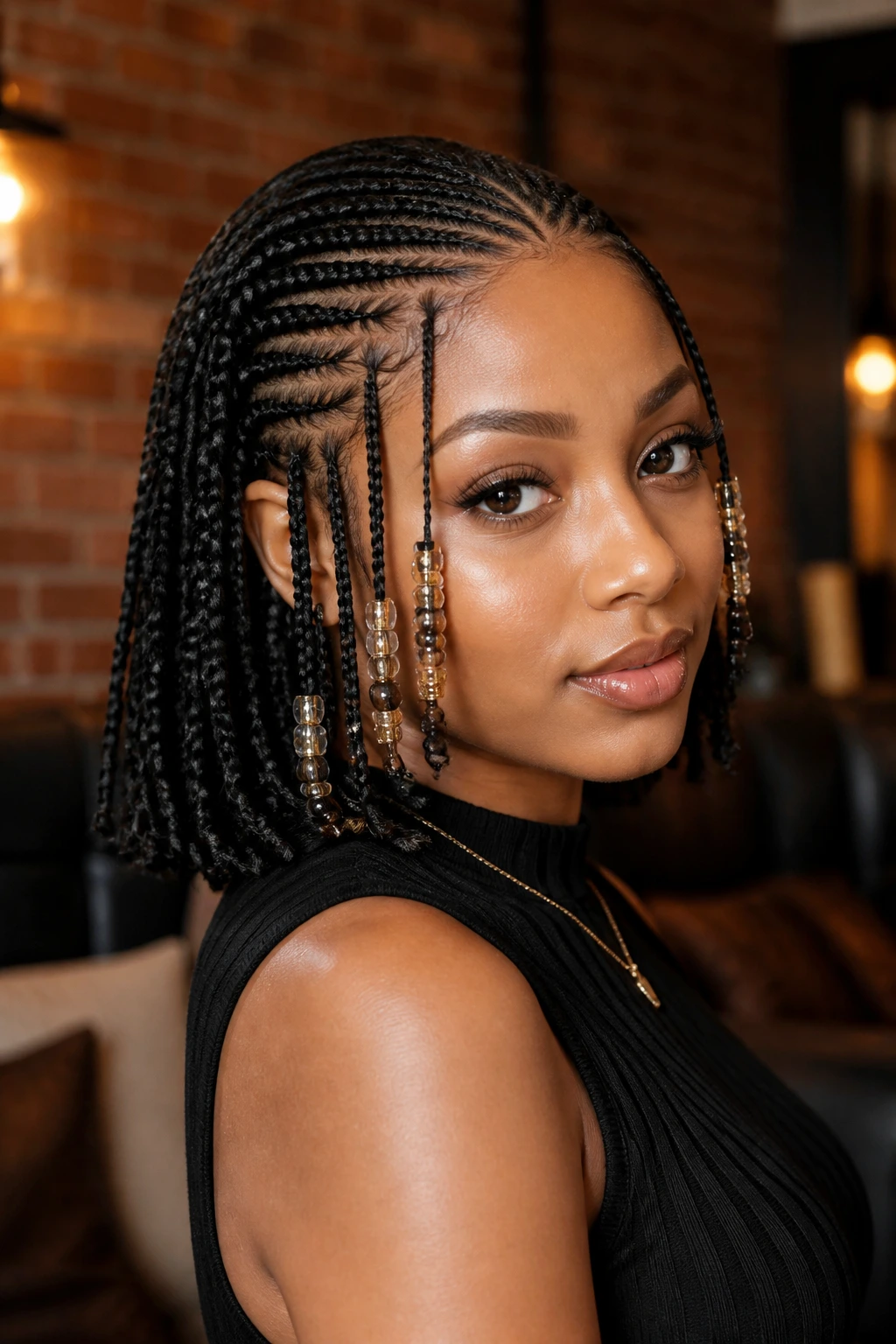 Close-up of real woman with side-part Fulani cornrow bob and temple beads