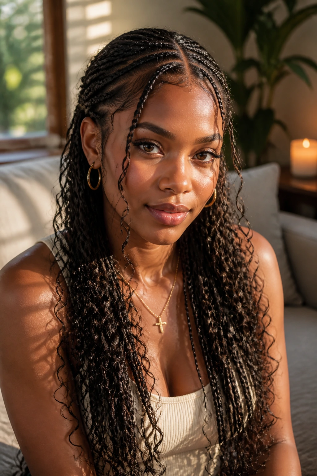 Medium close-up of Bohemian Fulani braids framing the face with loose curls