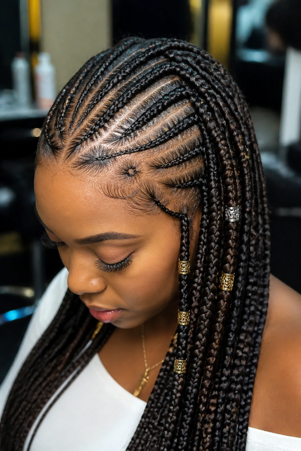 Close-up of Fulani cornrows at crown flowing into back box braids with beads