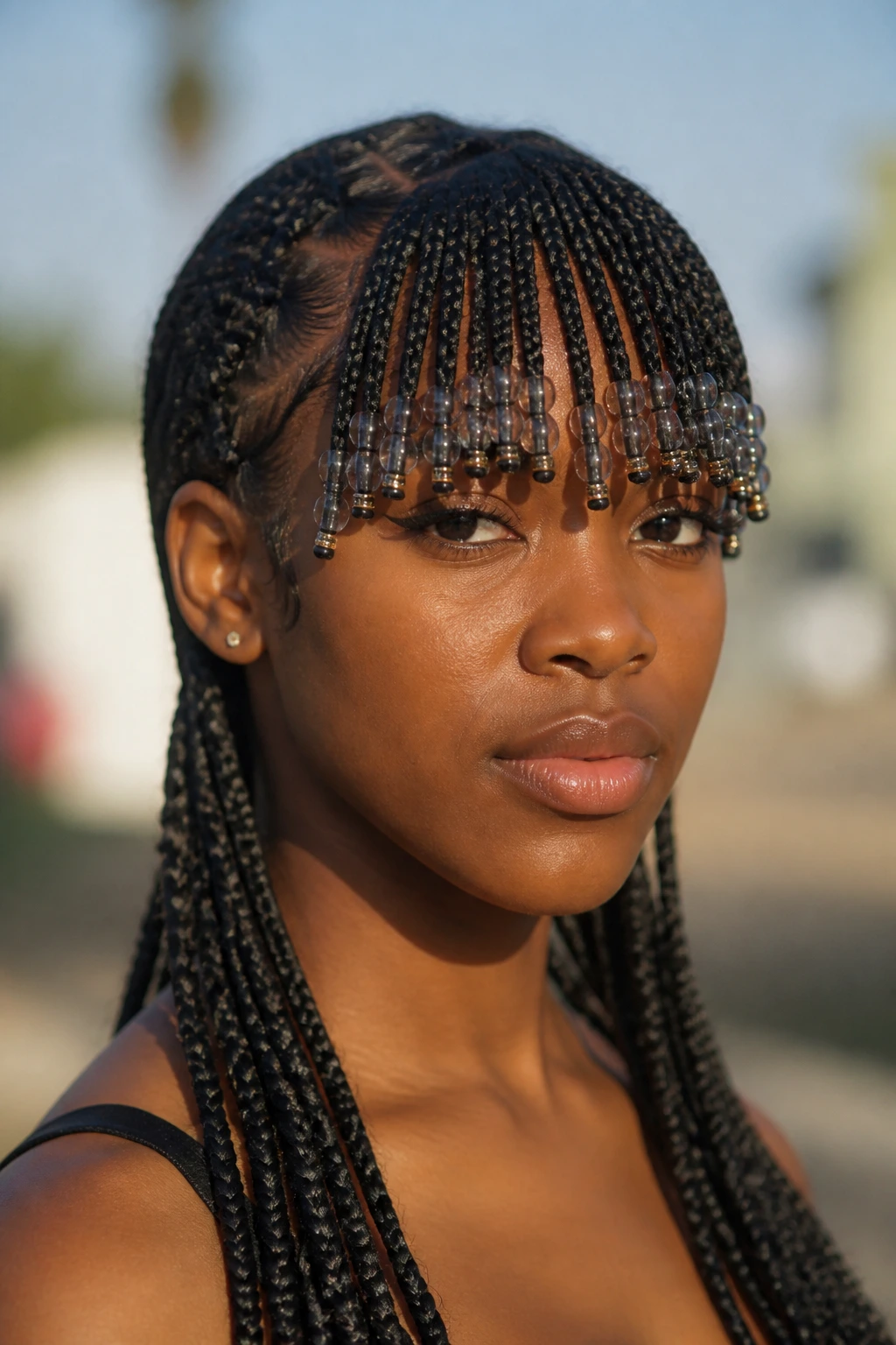 Close-up of Fulani braids with beaded bangs on a real person outdoors