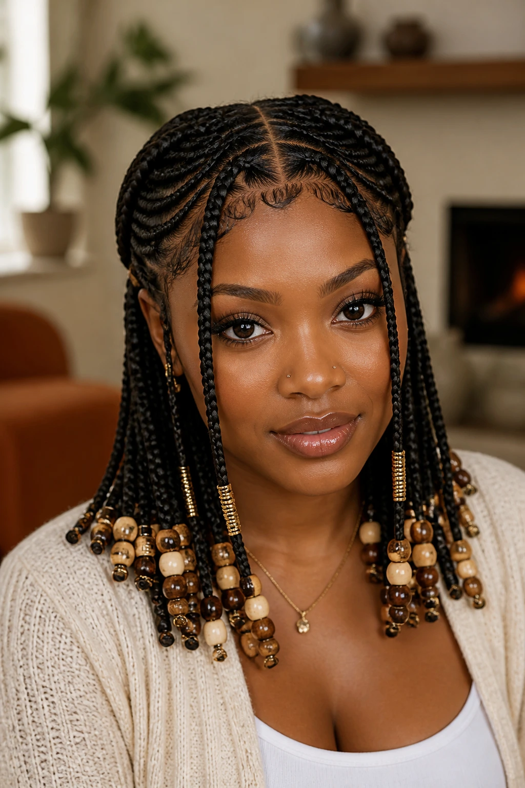 Real woman with Fulani braids center part beads in warm room