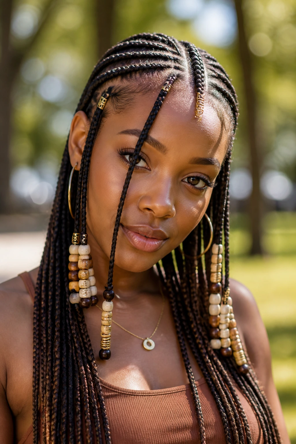 Close-up of a real person with Fulani-Inspired Braids featuring beads in sunlit park.
