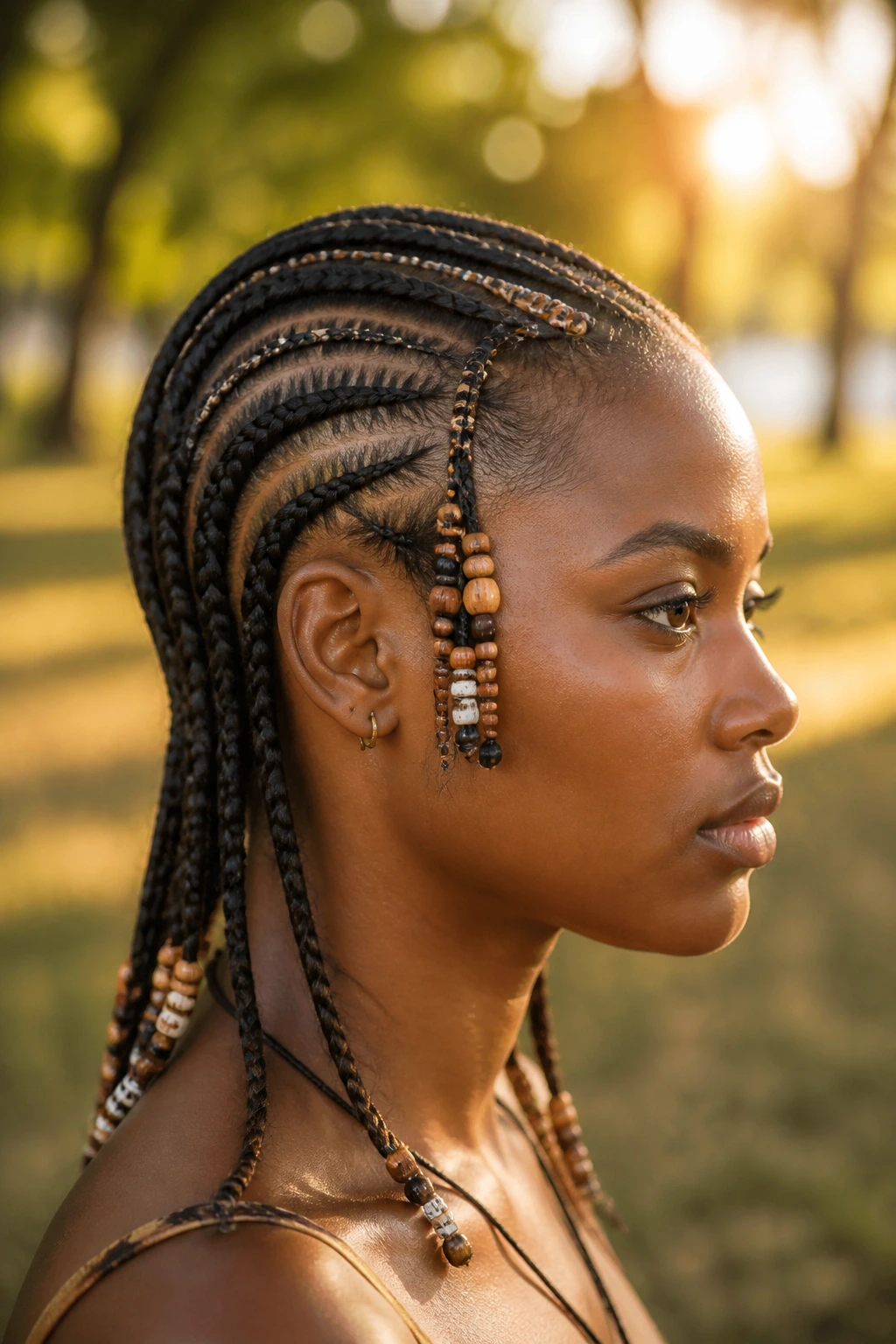 Fulani braids with center braid and temple beads on real woman in park