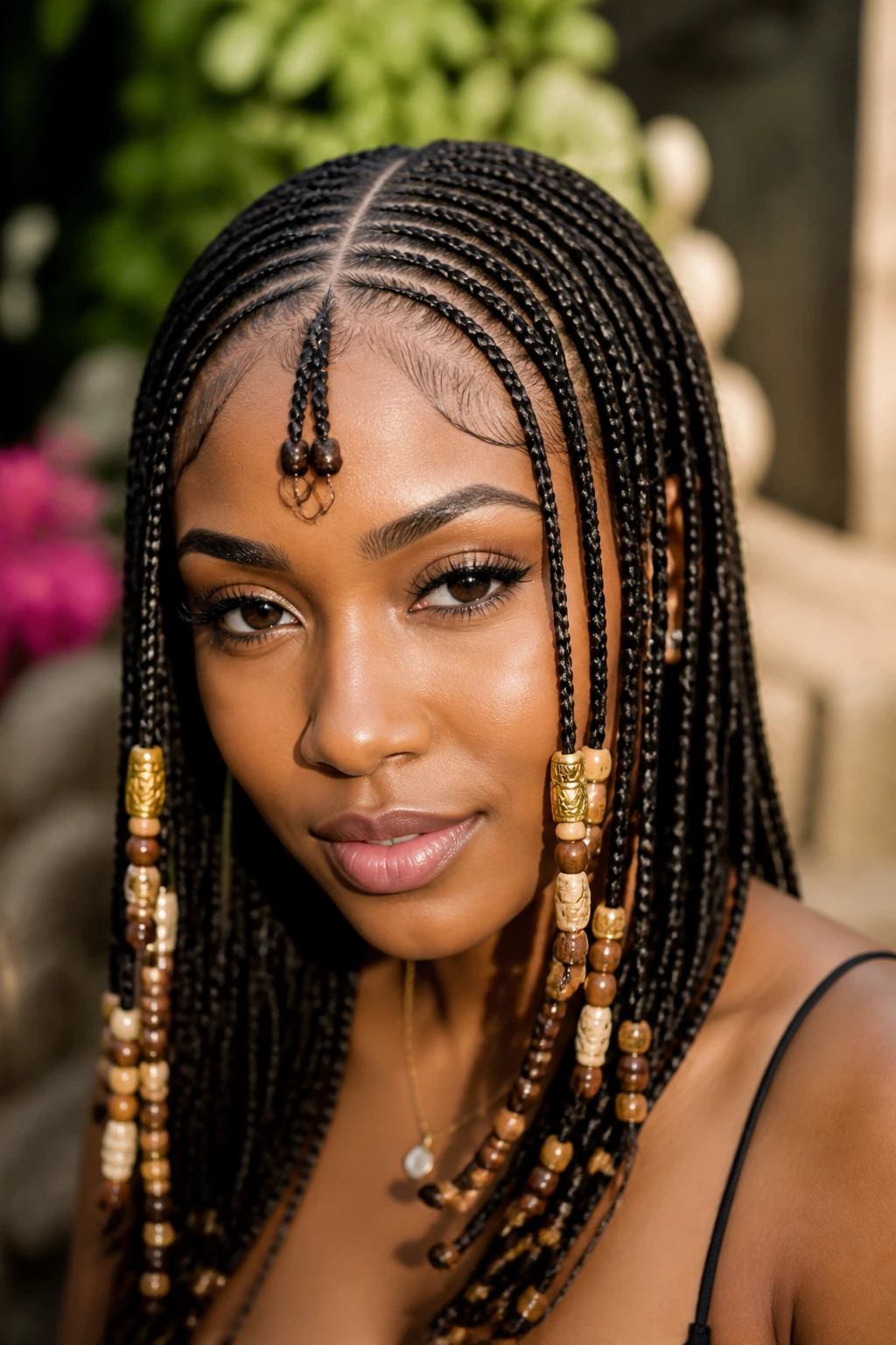 Close-up portrait of a real woman with Fulani braids and beads, center part, in a soft outdoor setting.