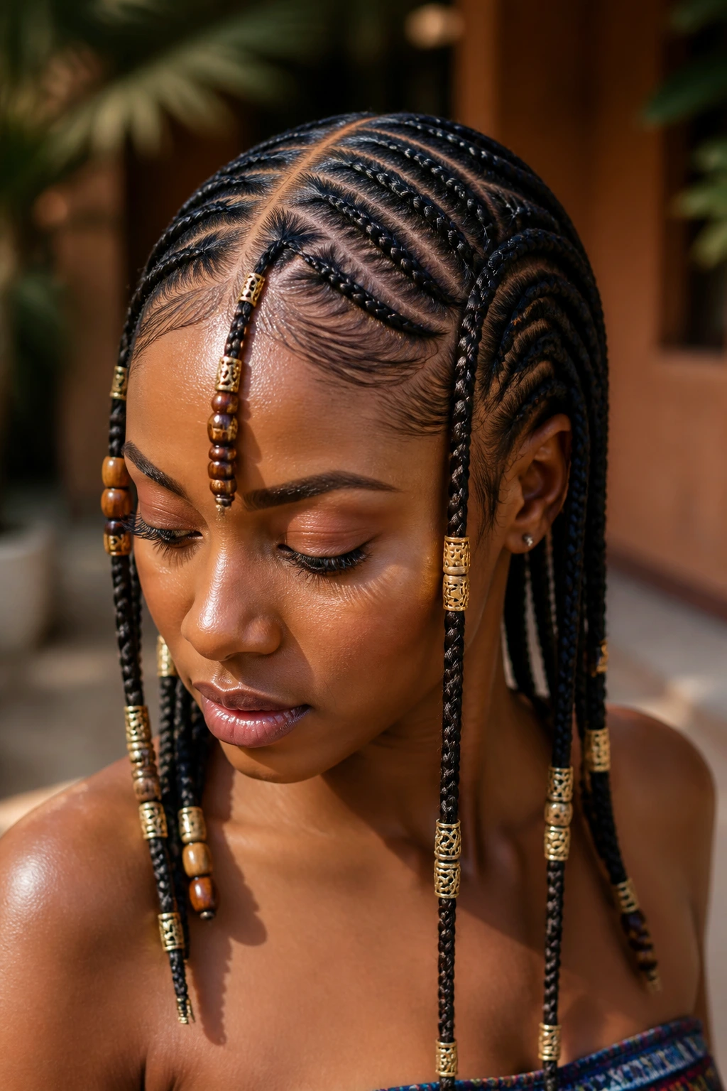 Close-up Fulani braids with beads and gold cuffs in outdoor light