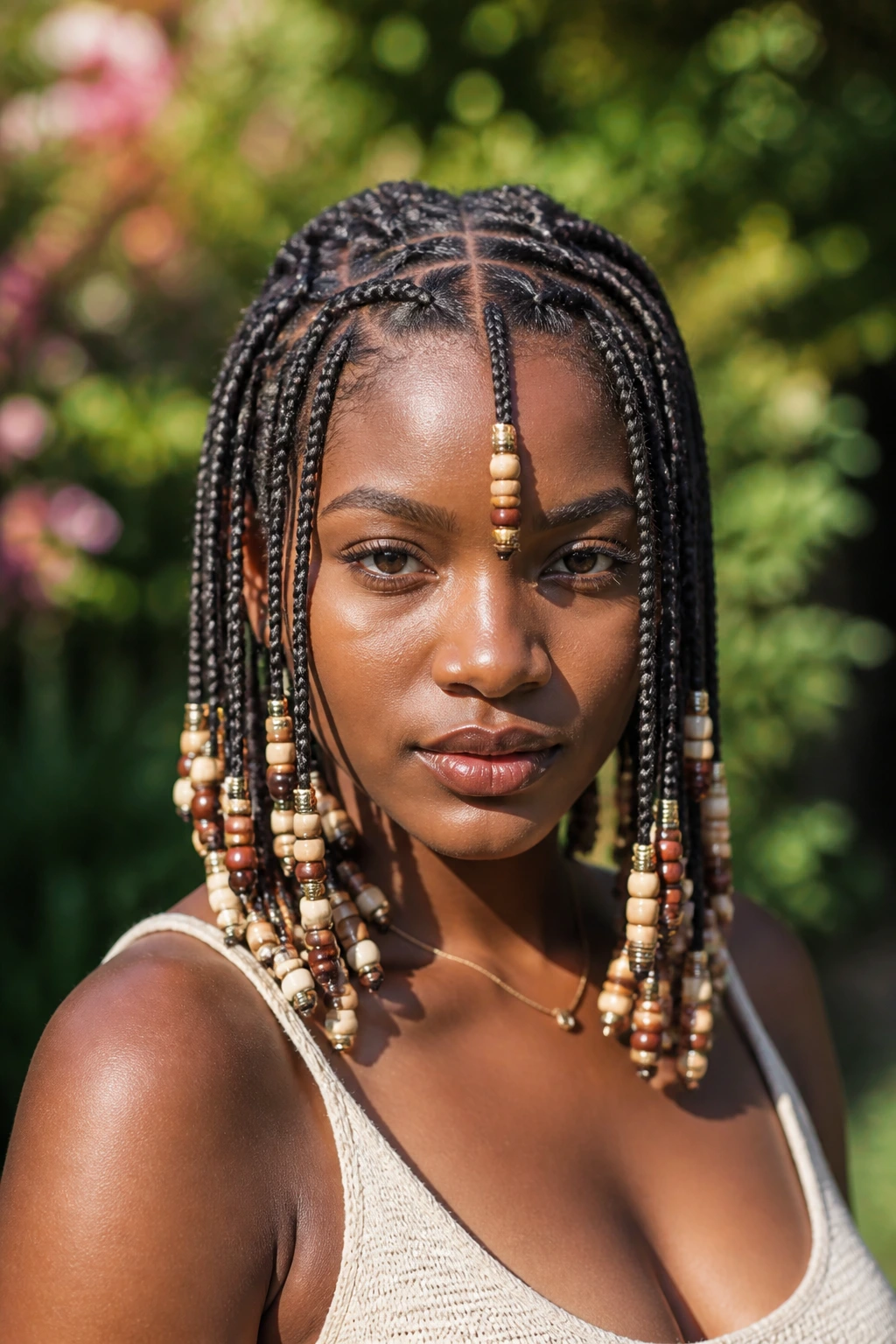 Front view of Fulani braids with beaded bangs framing the face in warm sunlight