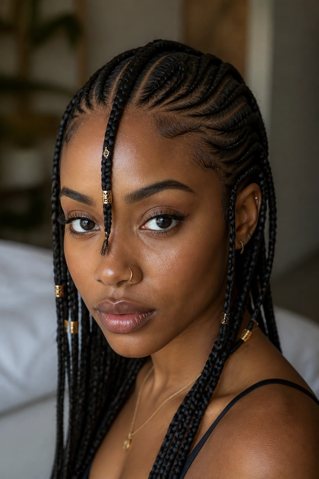 Close-up of a real woman with Fulani braids and beads