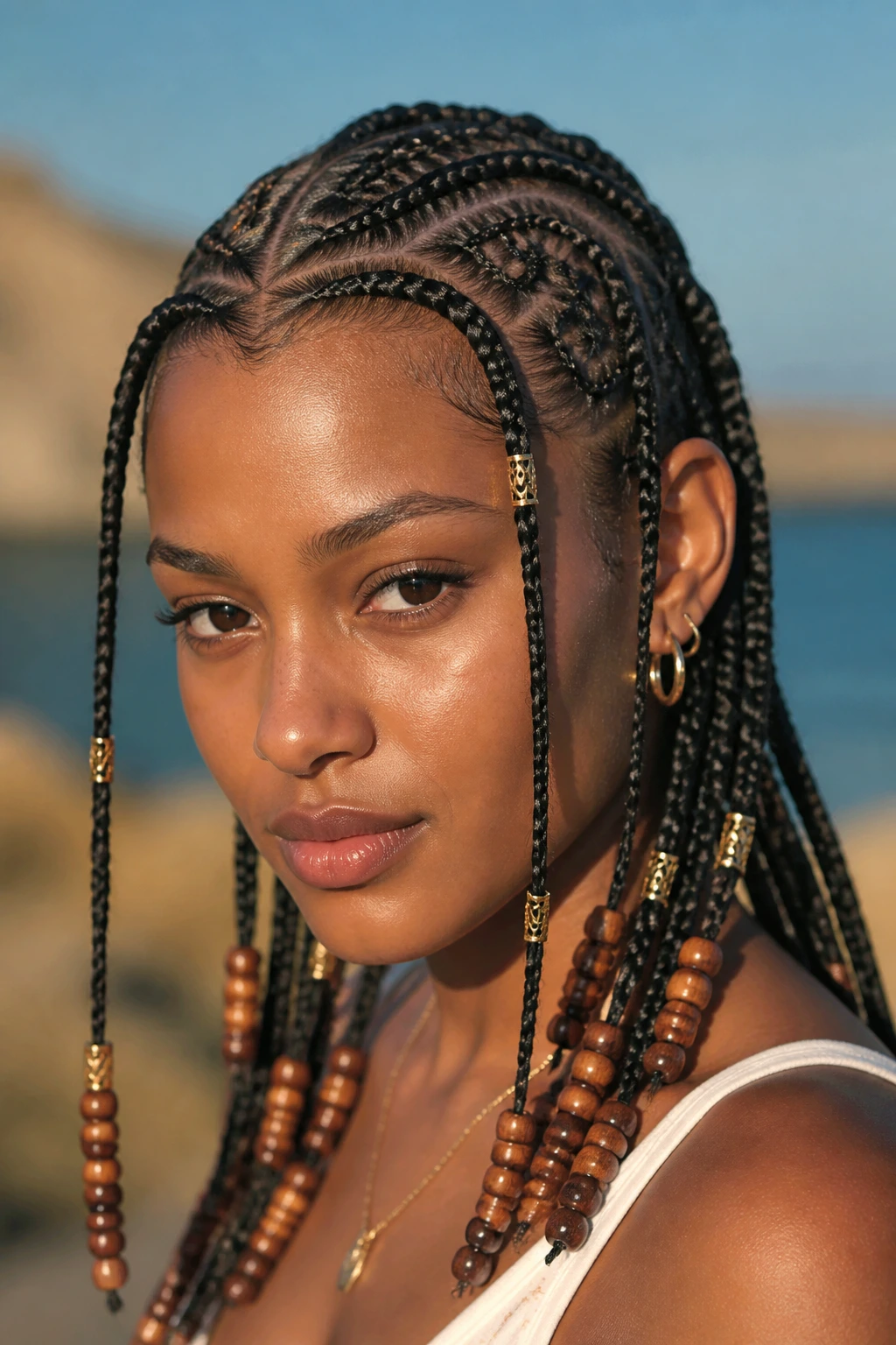 Real woman wearing Fulani braids with copper beads in a sunlit outdoor setting