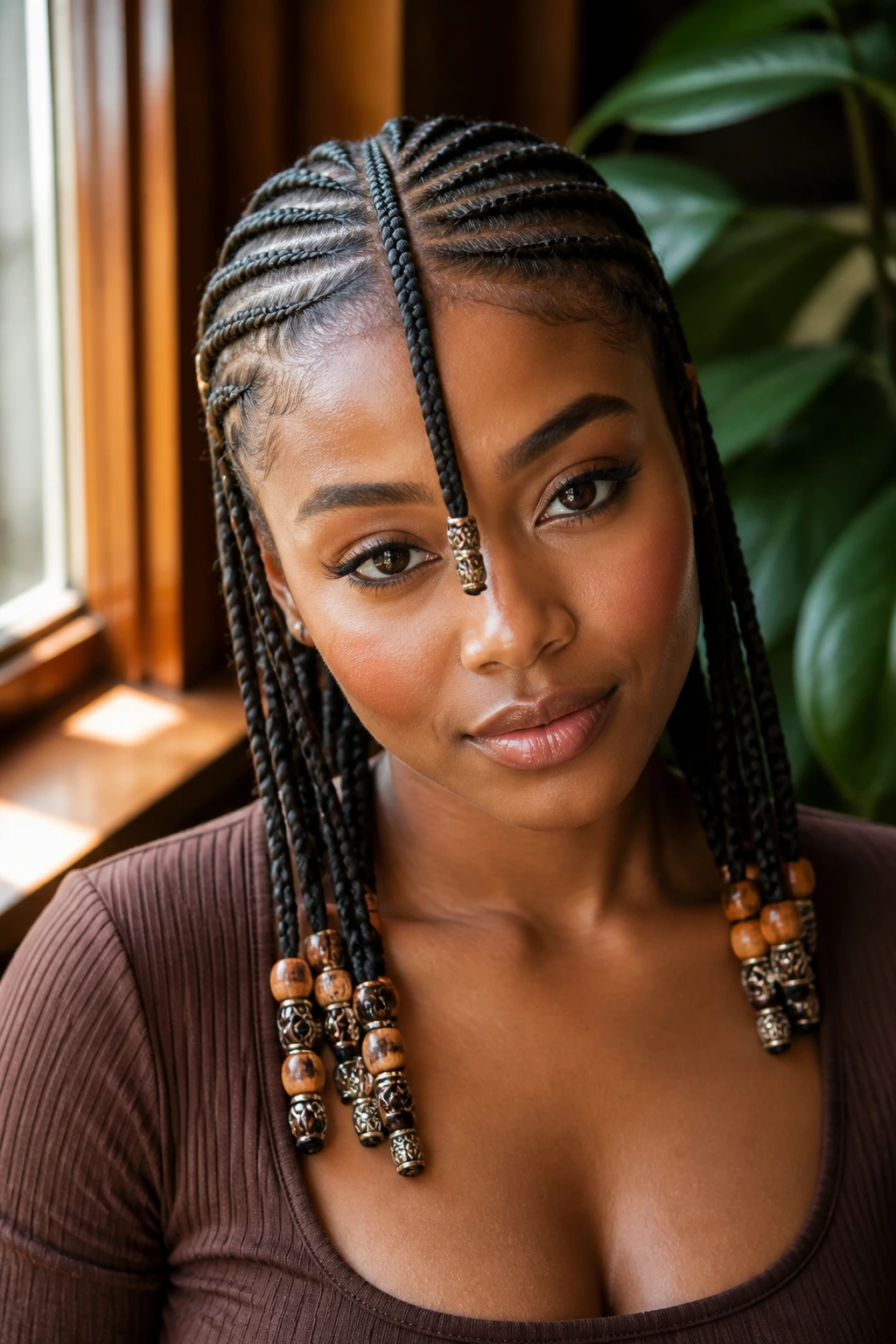 Close-up of a real woman wearing Classic Fulani Braids with central part and beaded ends