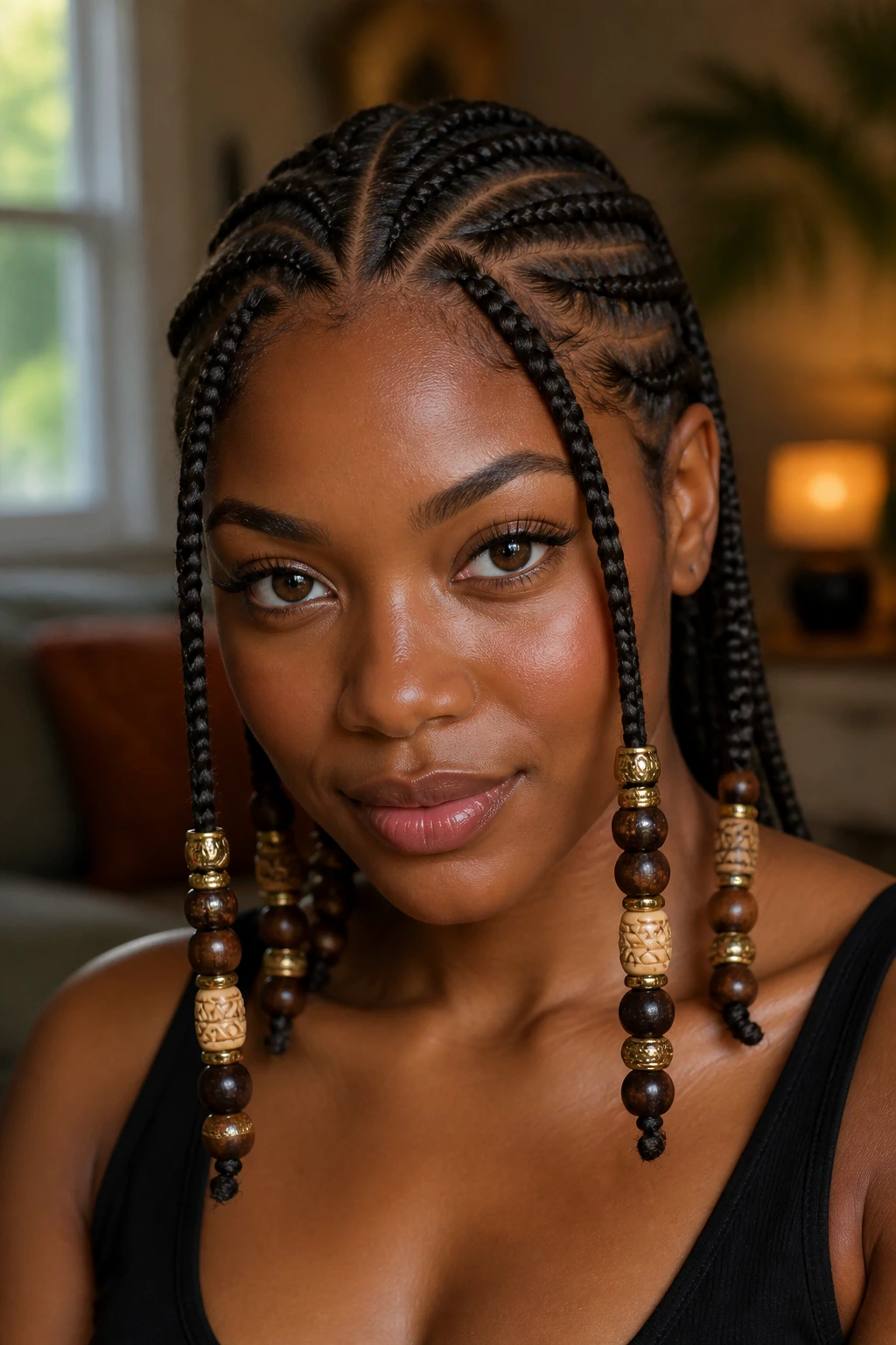 Close-up portrait of a real woman wearing Fulani braids with beads