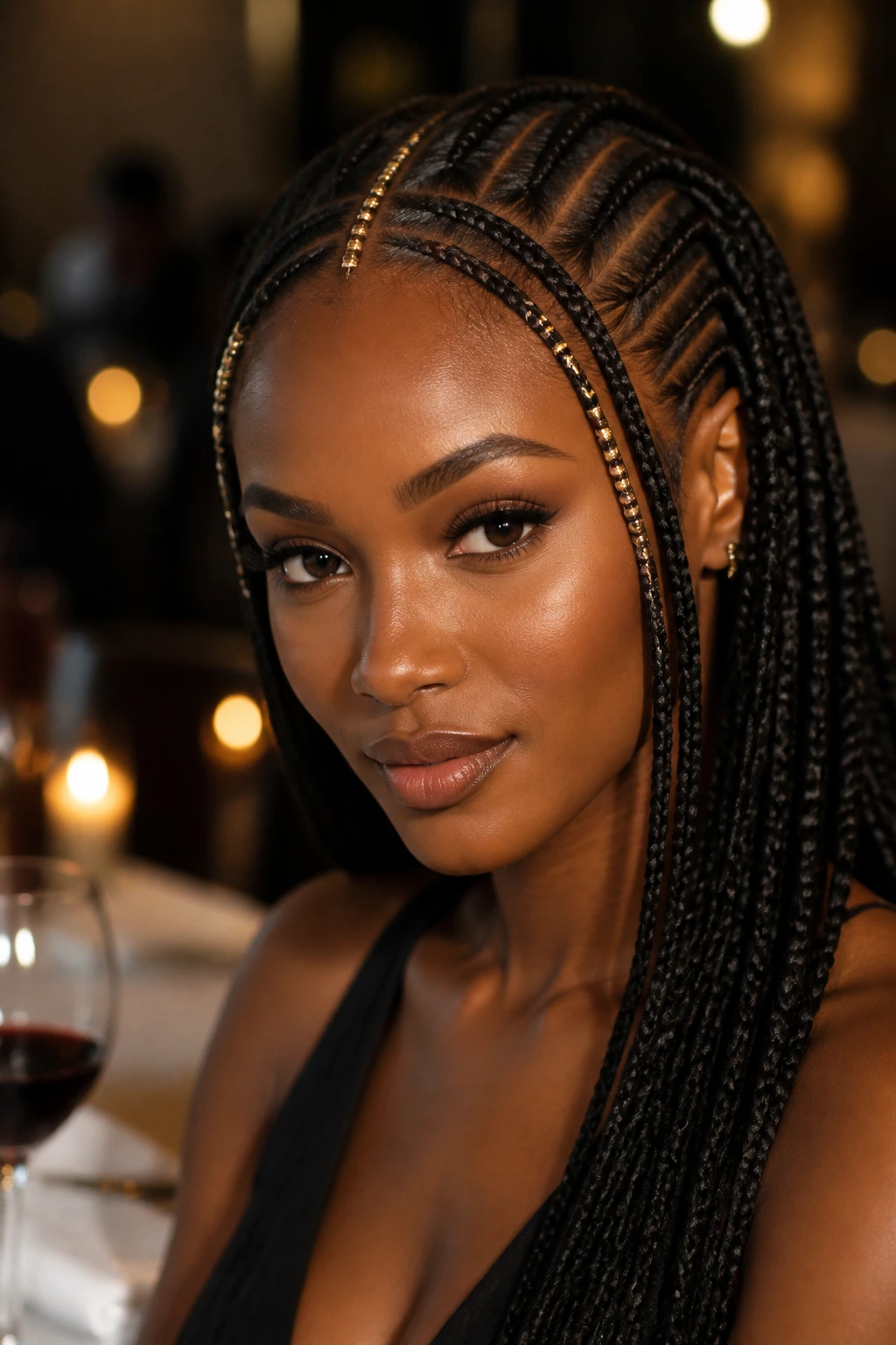 Close-up of a real woman with Fulani braids and gold beads