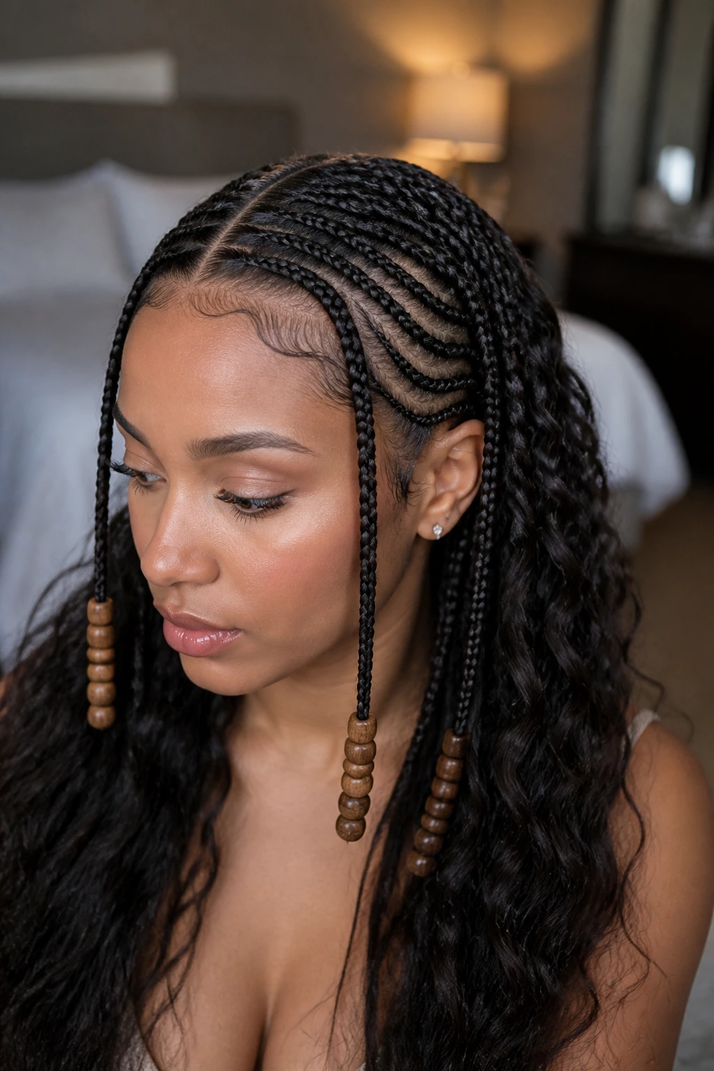 Close-up of a real woman with classic center-part Fulani braids and side swoops