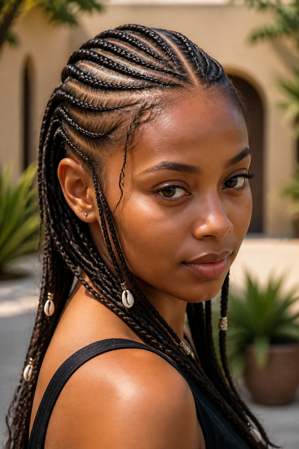 Close-up of a real woman with Fulani cornrows and bead ends in sunlit courtyard.