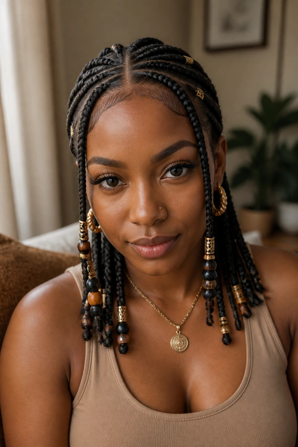 Close-up portrait of a real Black woman with Fulani cornrows and decorative beads.
