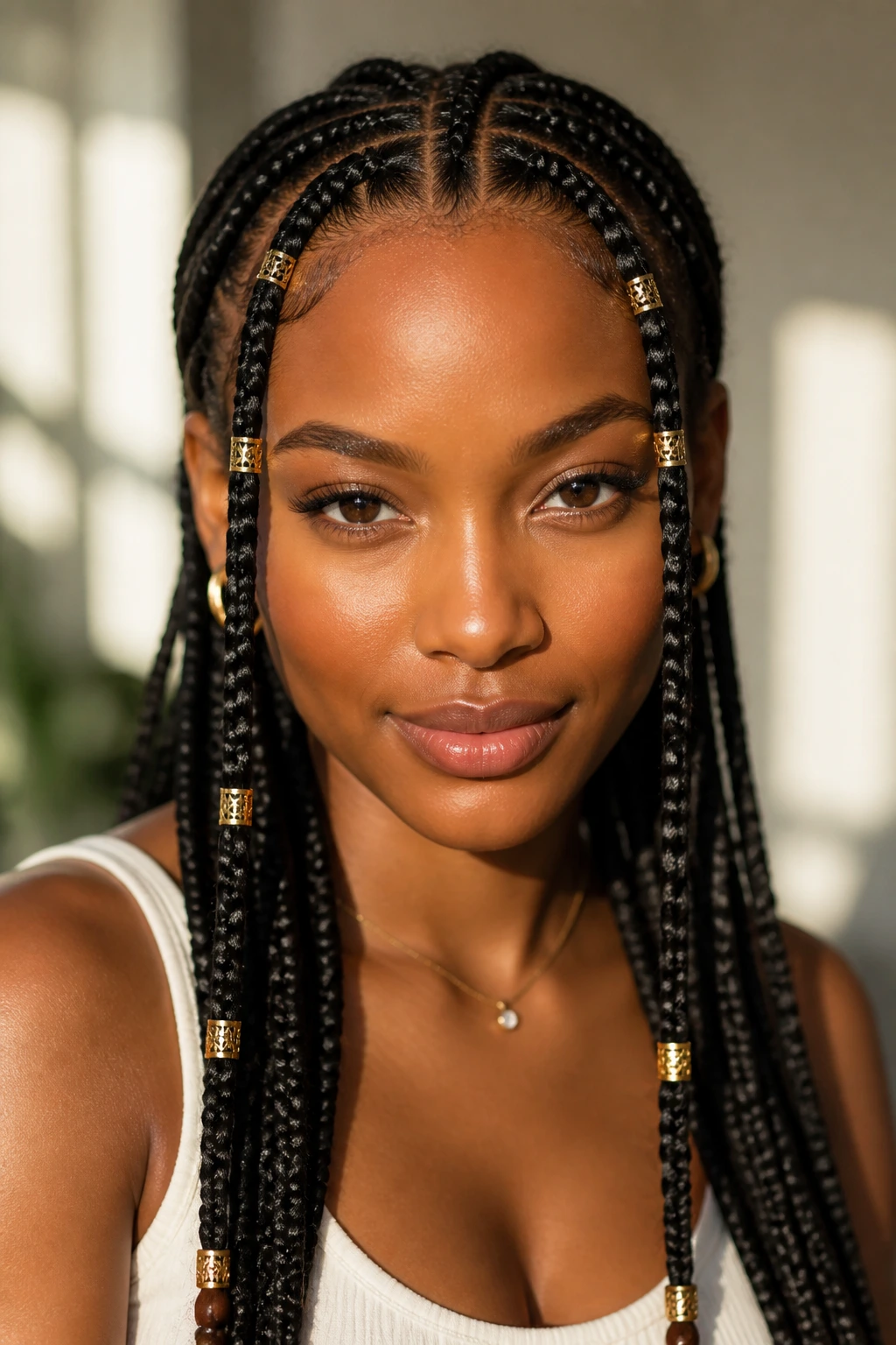 Front-close portrait of a real person with Fulani braids and gold cuffs.