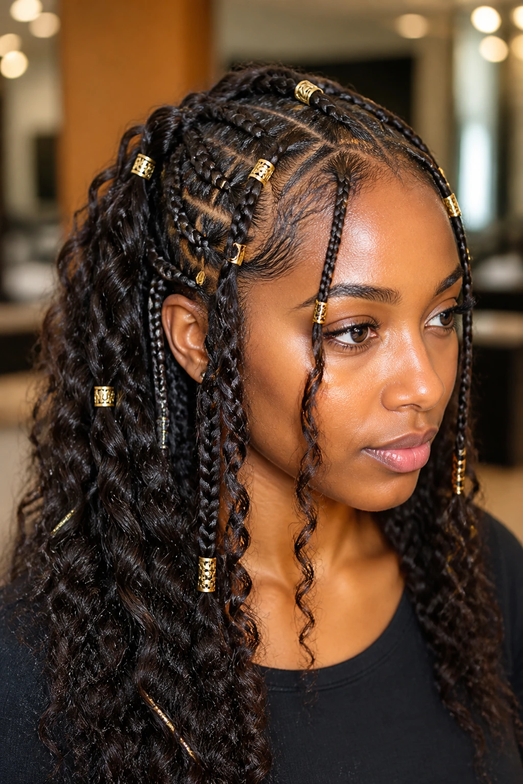 Woman with Fulani braids and gold cuffs close-up