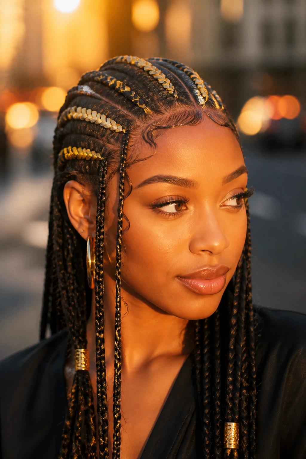 Close-up of a real person with Fulani braids and gold ribbons.