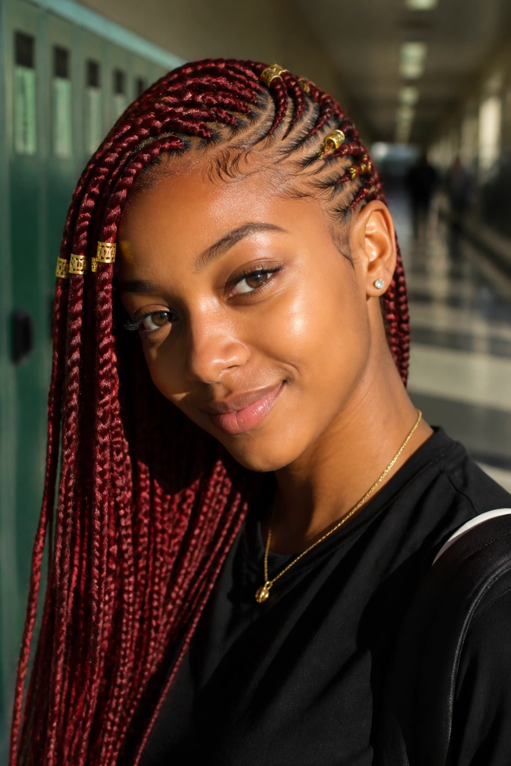 Close-up of side-swept red Fulani braids with gold cuffs on a real person in a school hallway