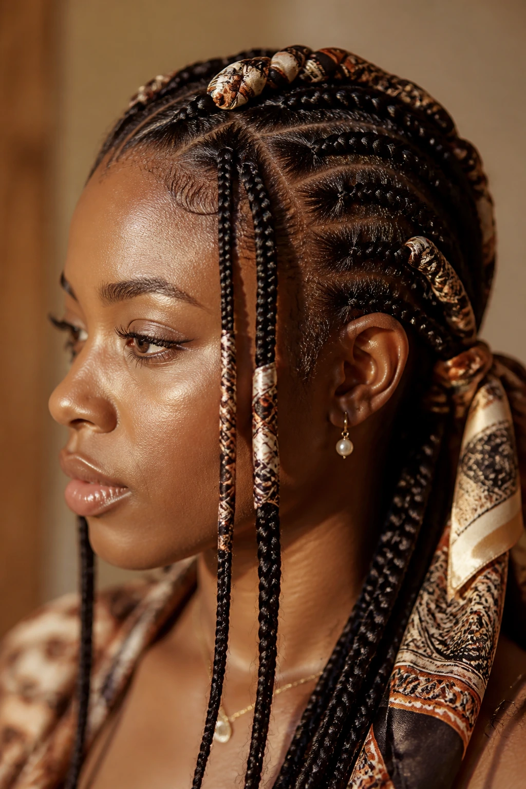 Close-up of Fulani-inspired braids with silk scarf accents on a real person