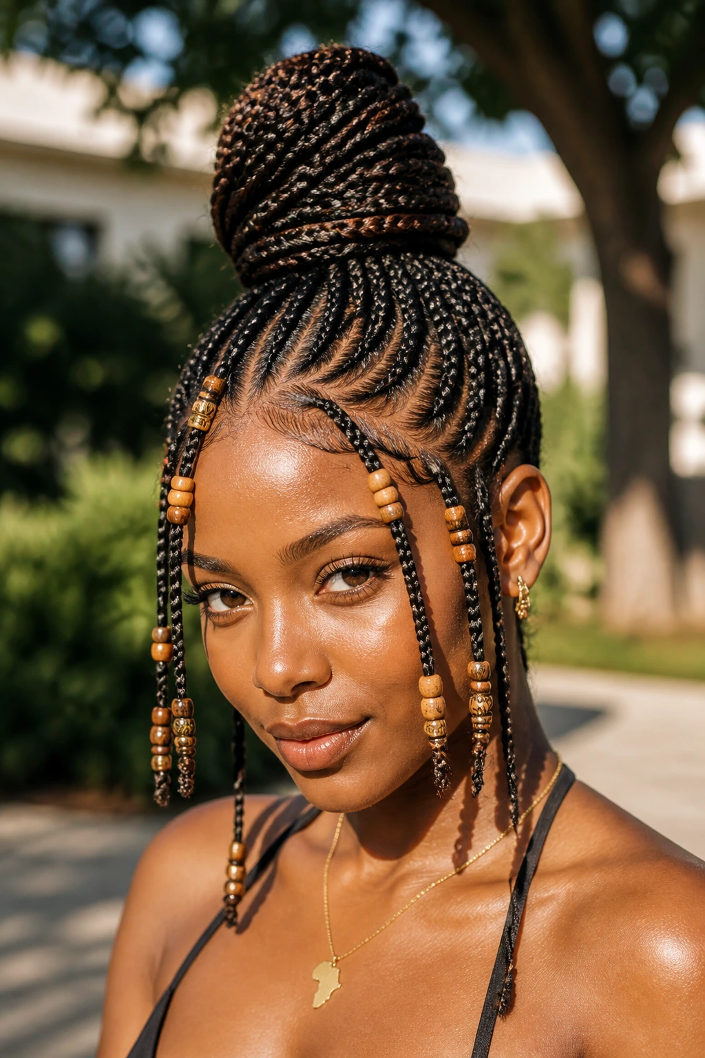 Close-up of Fulani braids with top knot on a real woman