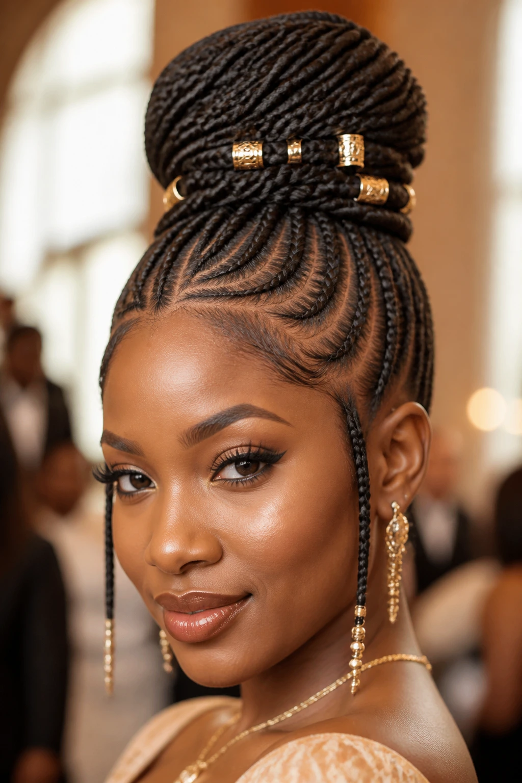 Close-up of a woman with a high Fulani bun and sleek front braids with gold cuffs in warm window light