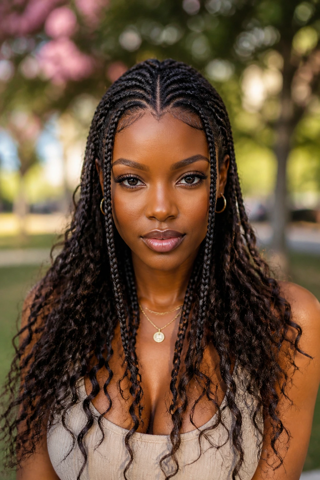 Front view of a woman with Fulani-Inspired Goddess Braids